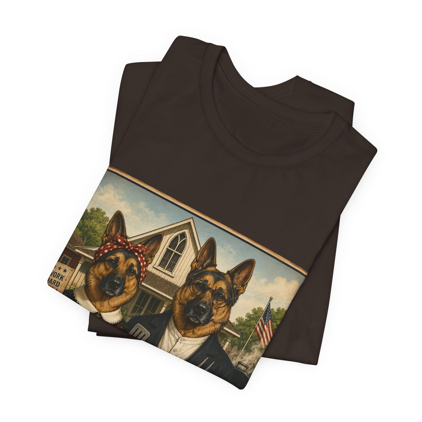 American Gothic – Backyard Style | German Shepherd BBQ T-Shirt