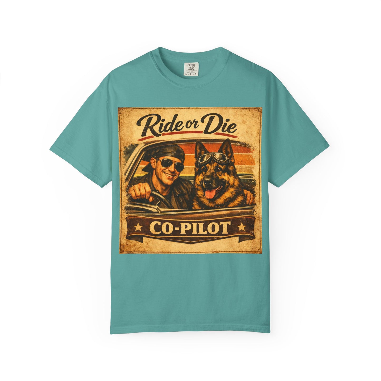 Ride or Die Co-Pilot T-shirt | Retro Driver and German Shepherd Design
