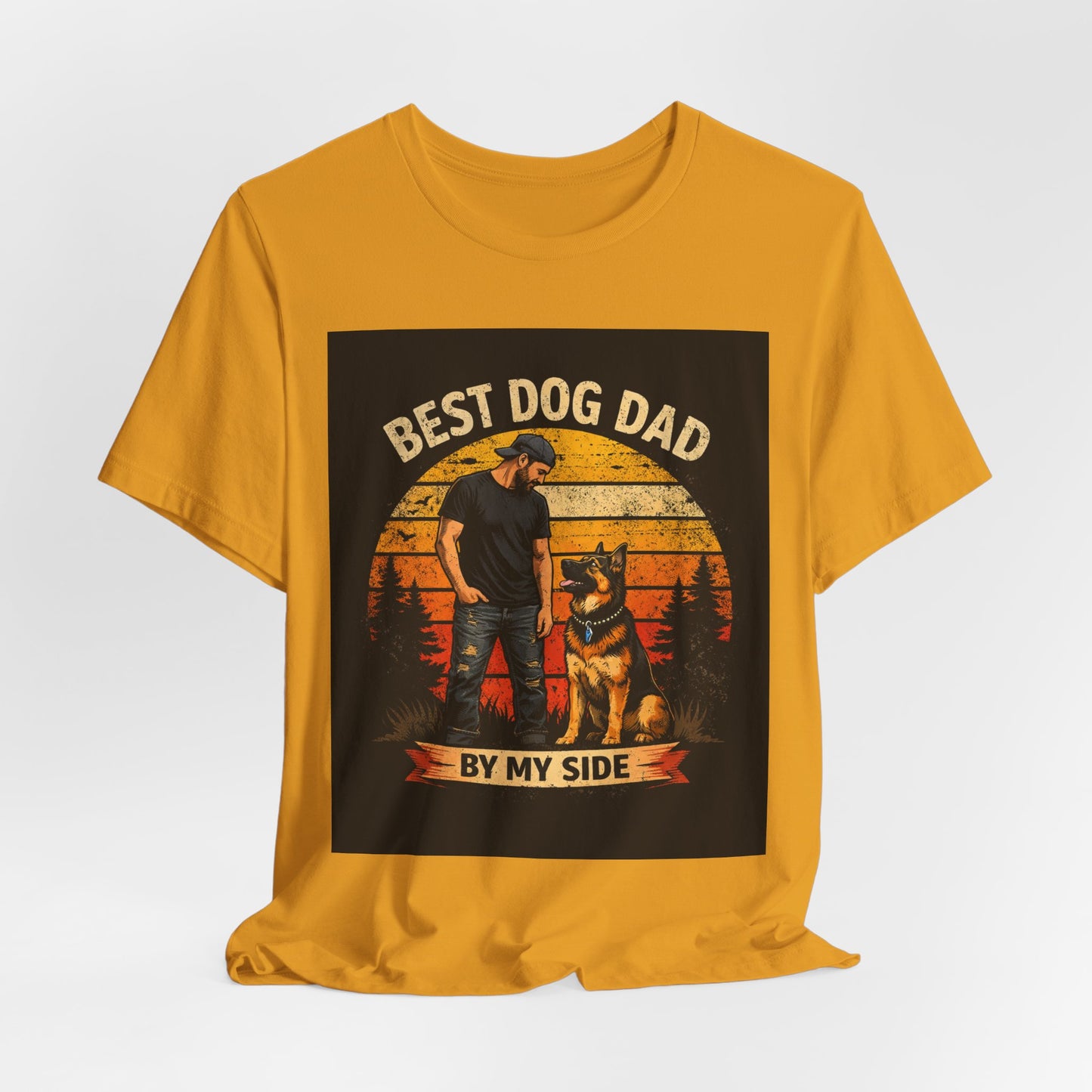 Best Dog Dad by My Side T‑Shirt — “By My Side” German Shepherd Father’s Day Gift Tee | Vintage Sunset Dog Lover Design | Bella Canvas 3001
