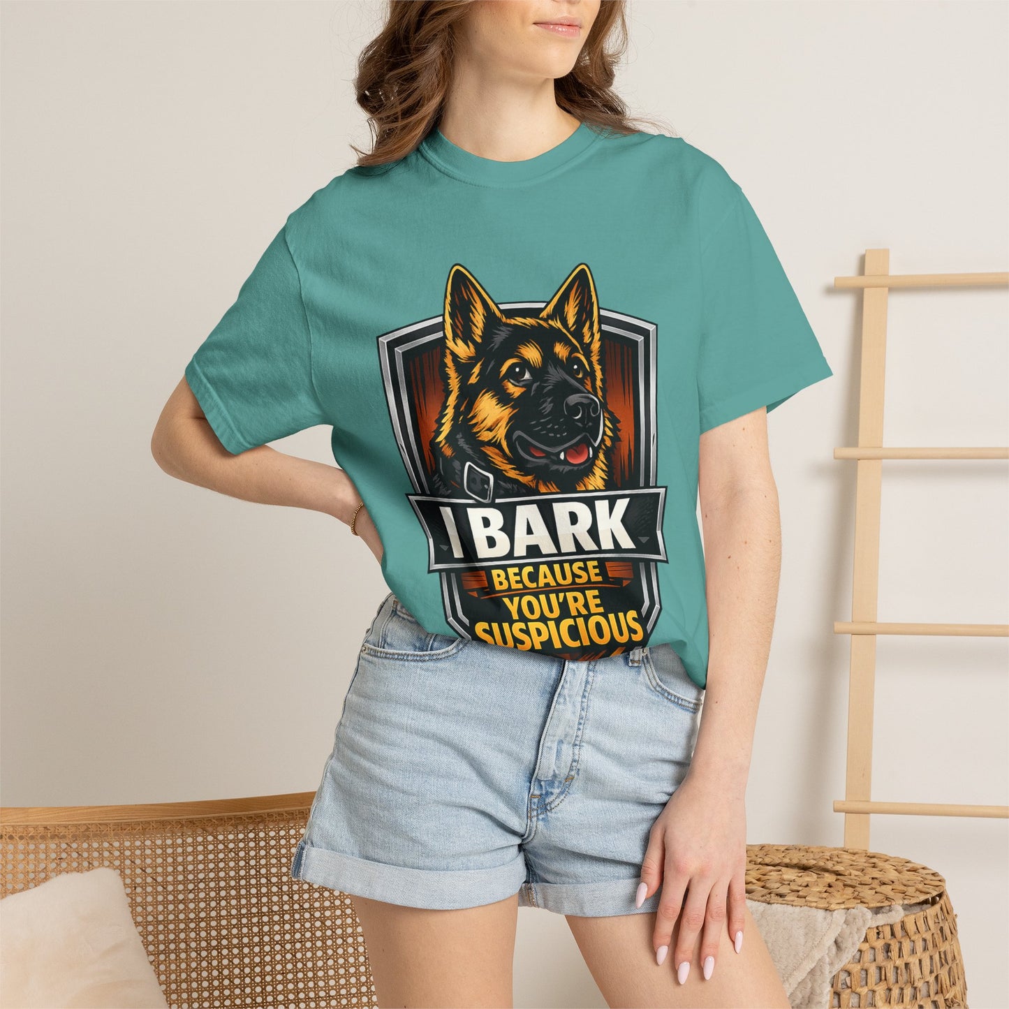 Dog Lover T‑Shirt — “I Bark Because You’re Suspicious” German Shepherd Tee