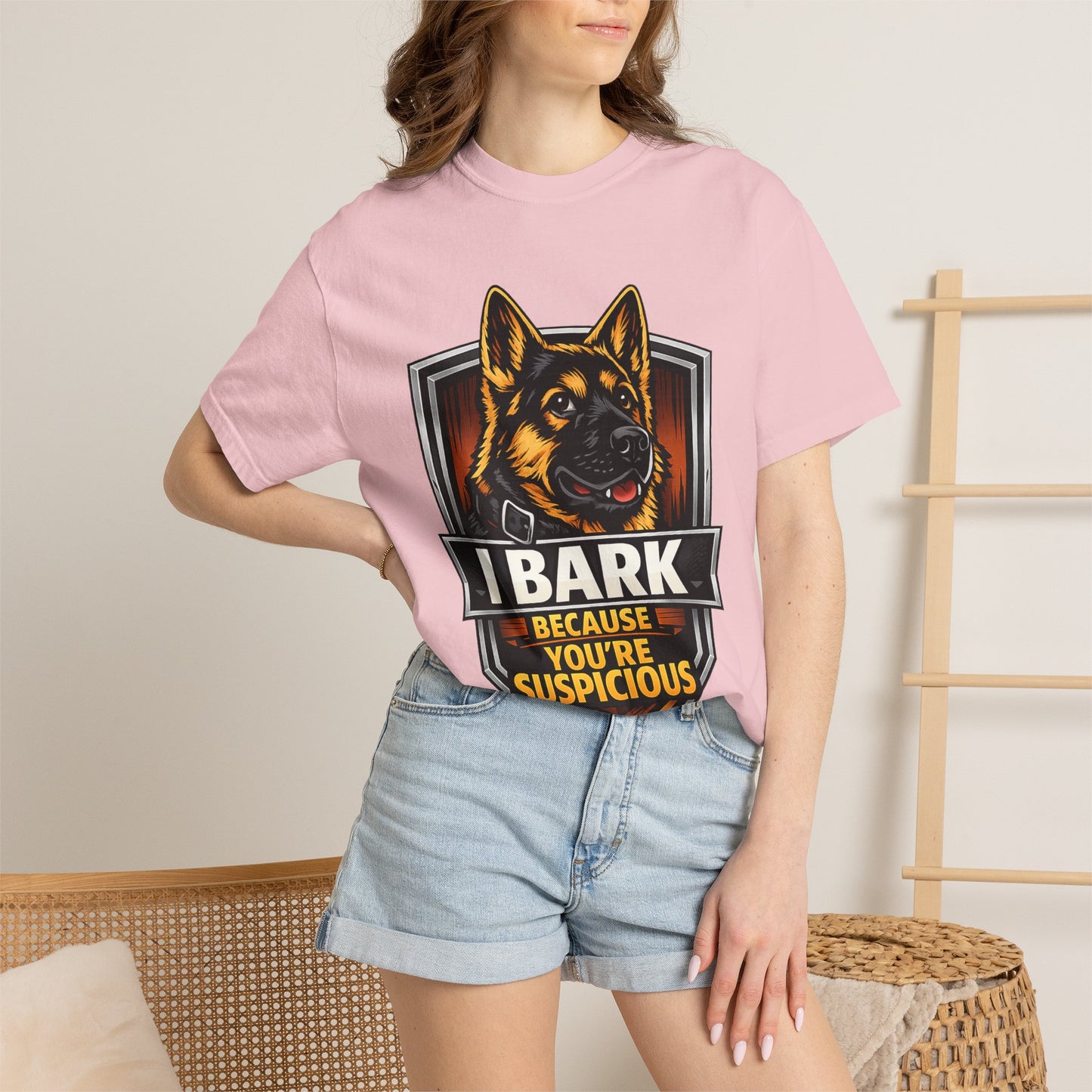 Dog Lover T‑Shirt — “I Bark Because You’re Suspicious” German Shepherd Tee