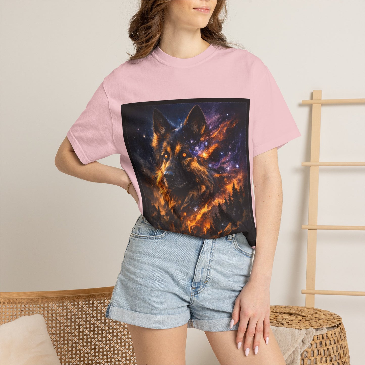 Cosmic German Shepherd Blaze T-Shirt | Galaxy fire Animal Artwork