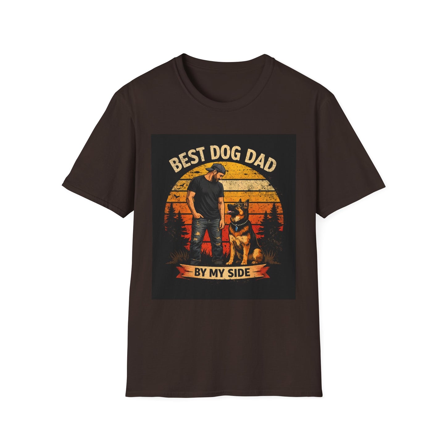 Best Dog Dad T-Shirt | Retro Sunset Dog Dad By My Side Design