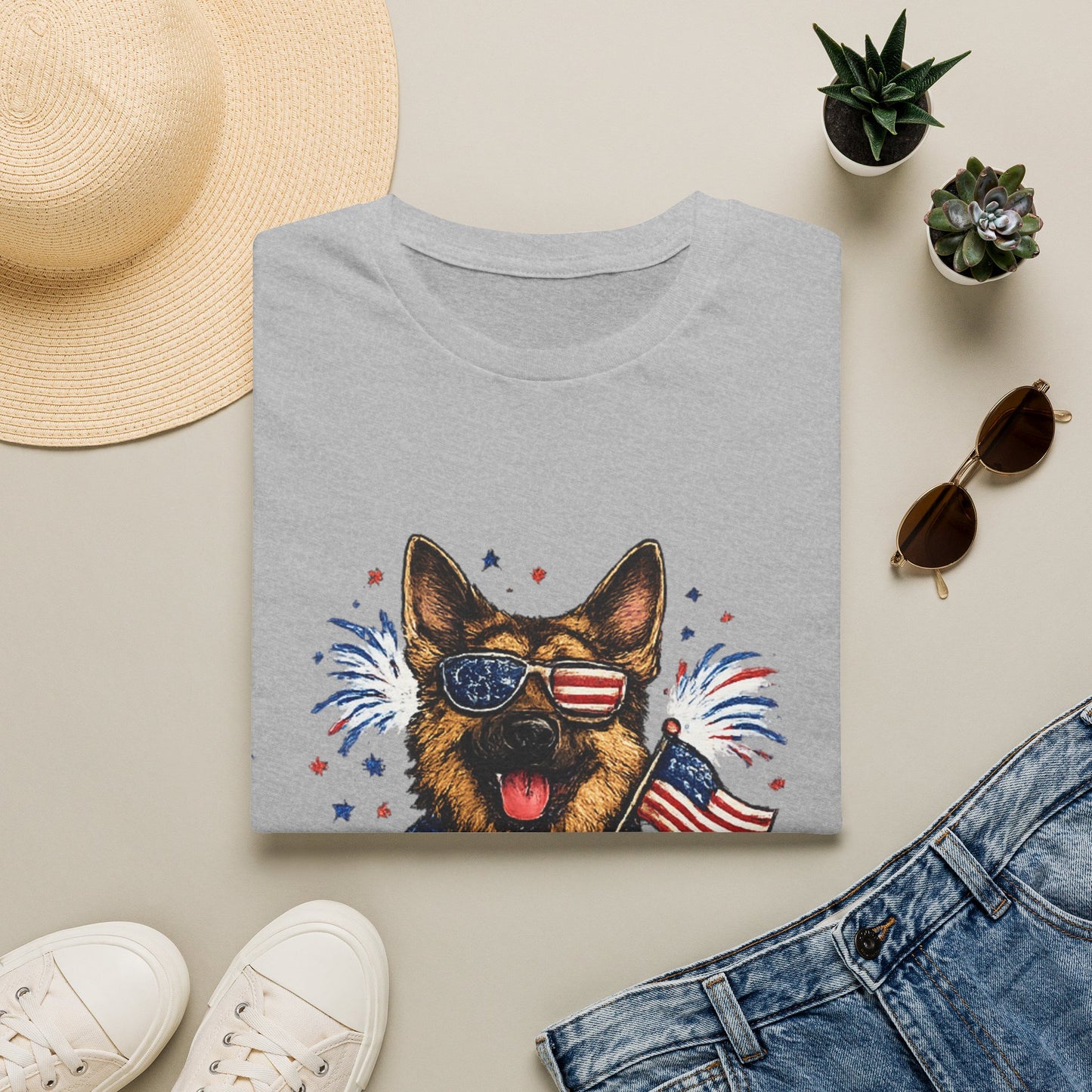 Patriotic German Shepherd Graphic T-Shirt | American Flag Sunglasses, Fireworks