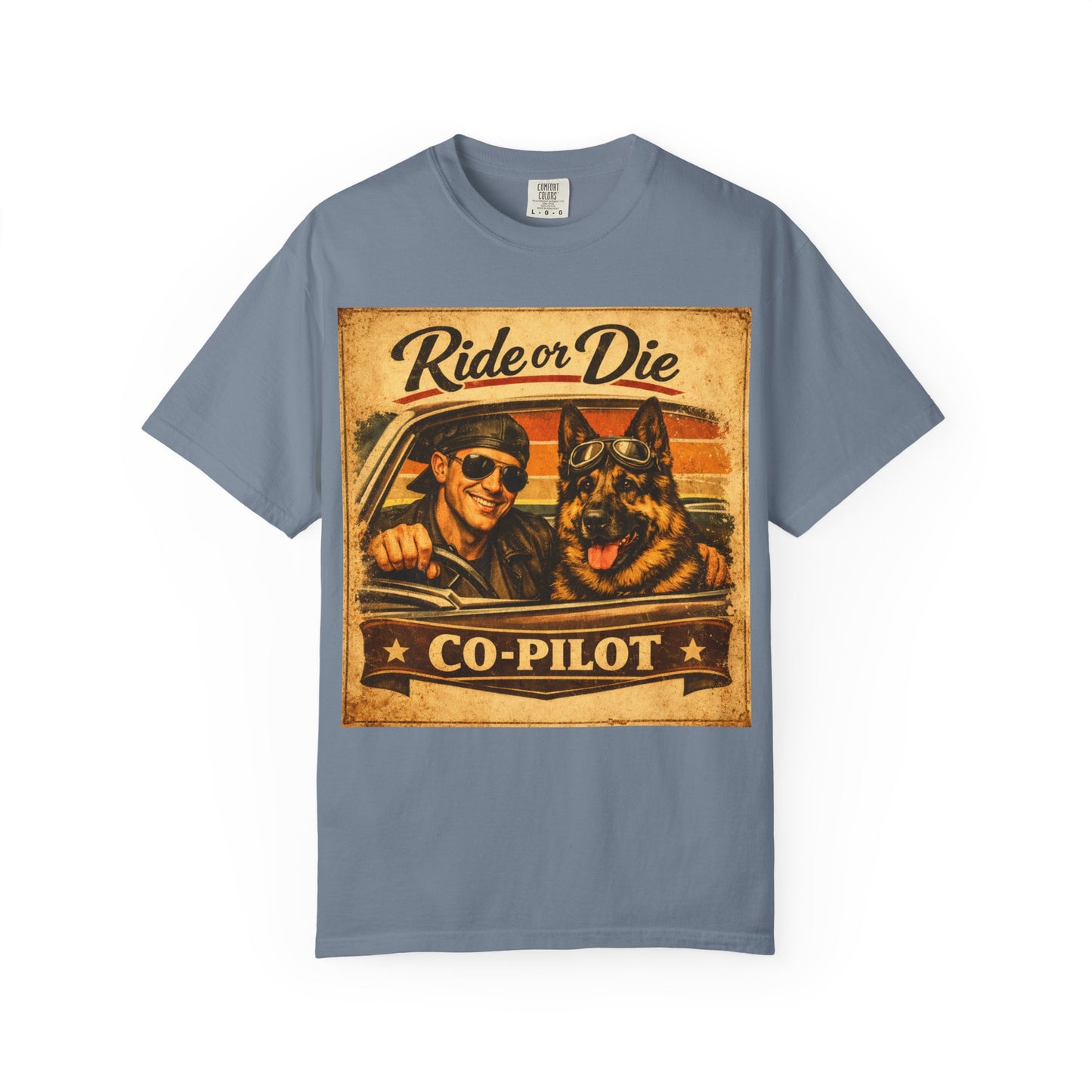 Ride or Die Co-Pilot T-shirt | Retro Driver and German Shepherd Design