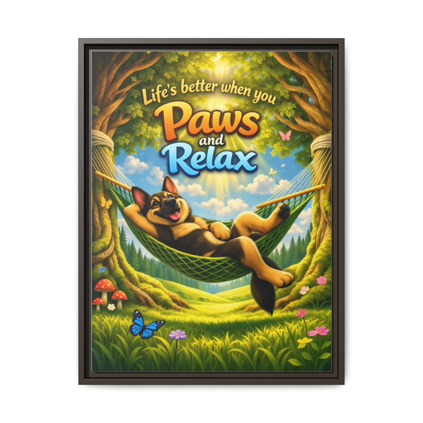 German Shepherd Wall Art – "Life's Better When You Paws and Relax" Framed Canvas Print