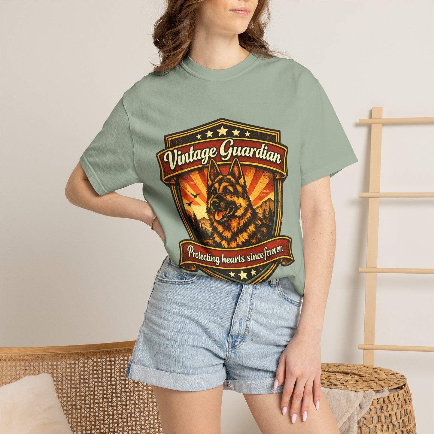 Vintage Guardian German Shepherd T-Shirt | Dog Badge Shield Design