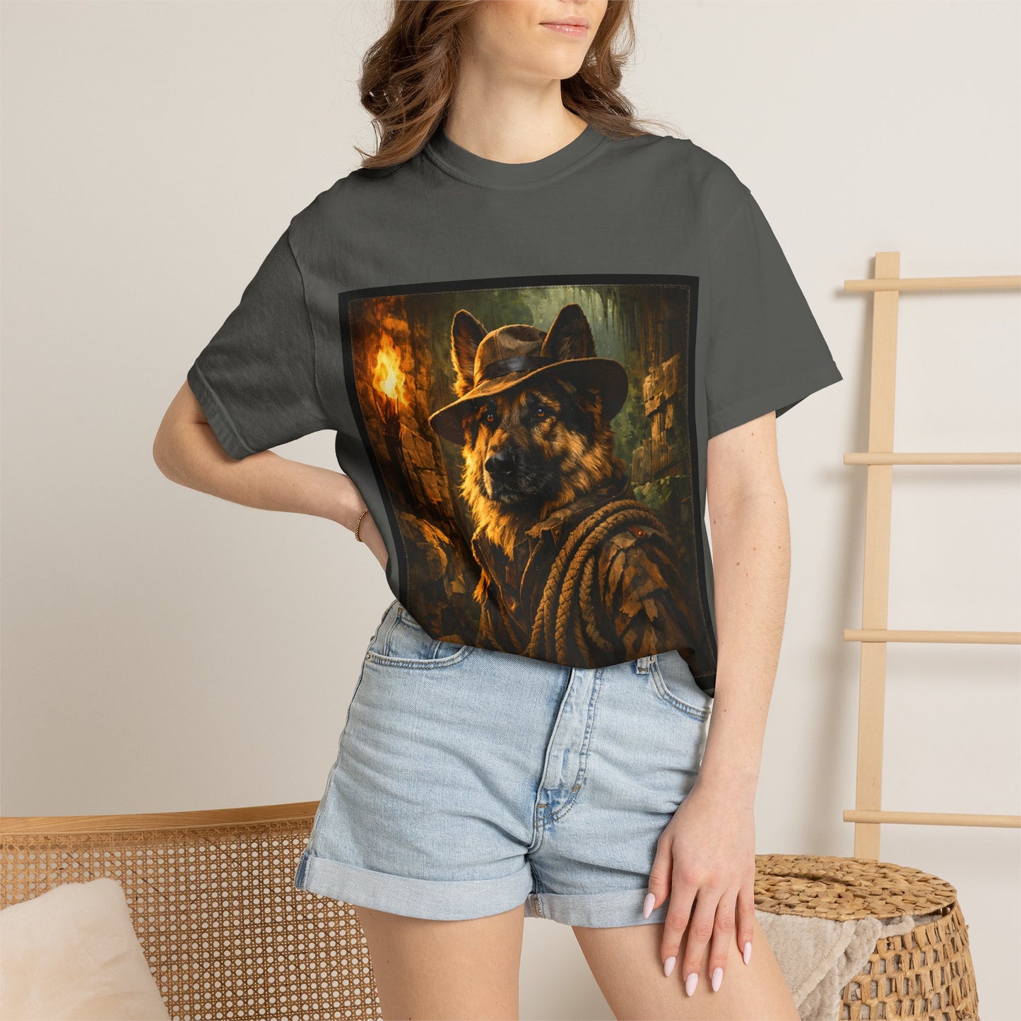 Indy Explorer German Shepherd T‑Shirt – Adventure Dog Lover Tee | Vintage Noir Canine Illustration | Bella Canvas 3001