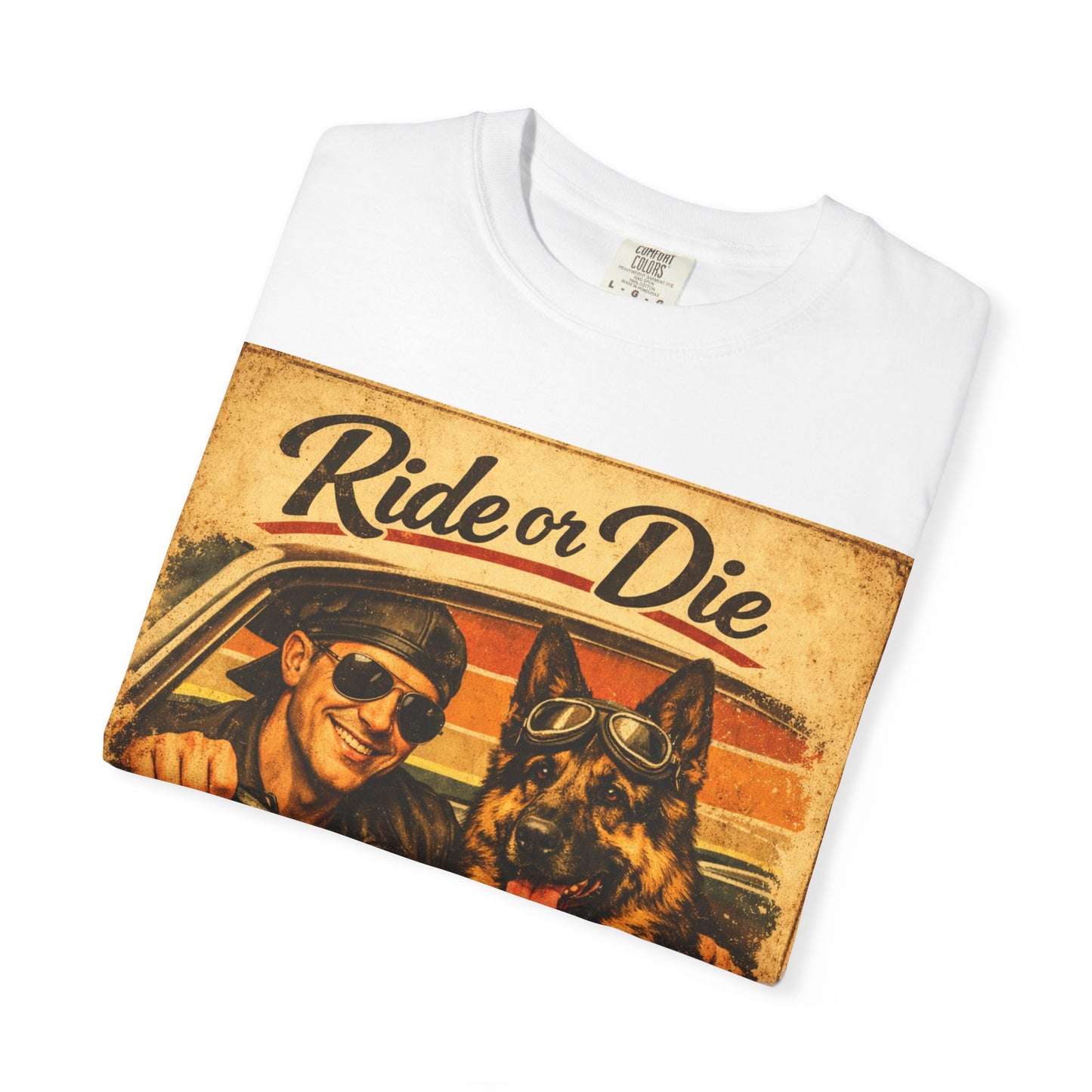 Ride or Die Co-Pilot T-shirt | Retro Driver and German Shepherd Design