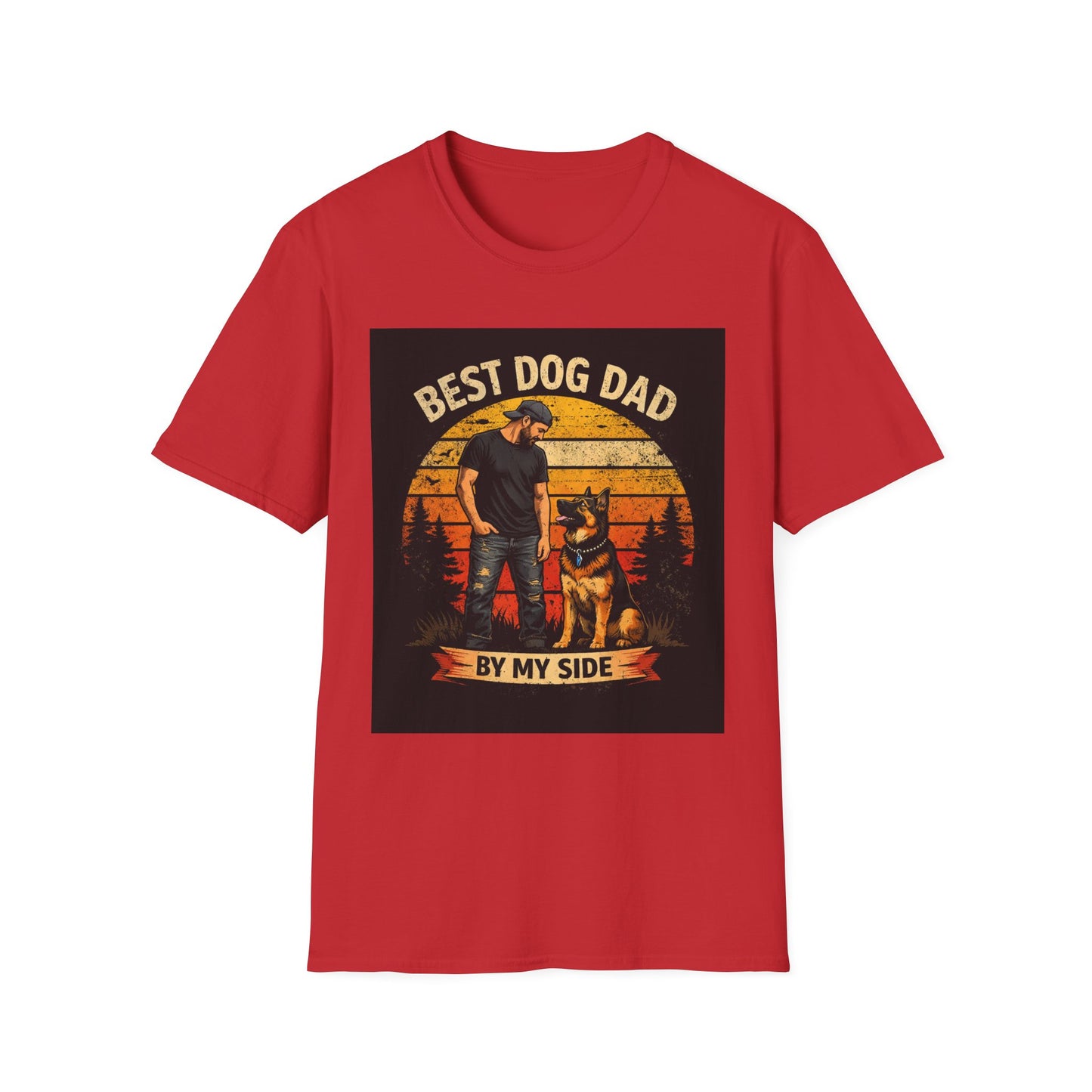 Best Dog Dad T-Shirt | Retro Sunset Dog Dad By My Side Design