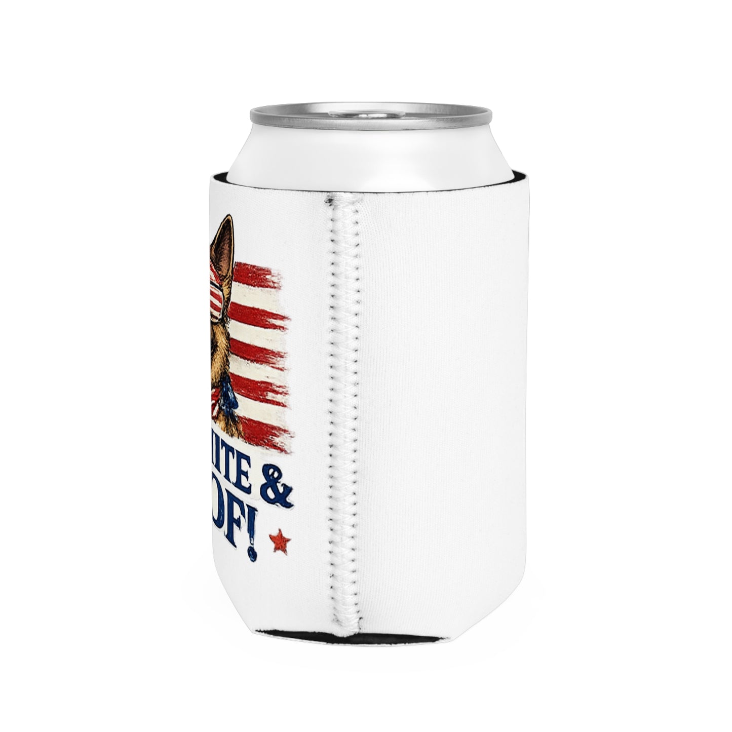 Red, White & Woof! German Shepherd Can Cooler Sleeve | Patriotic Dog Beer Koozie