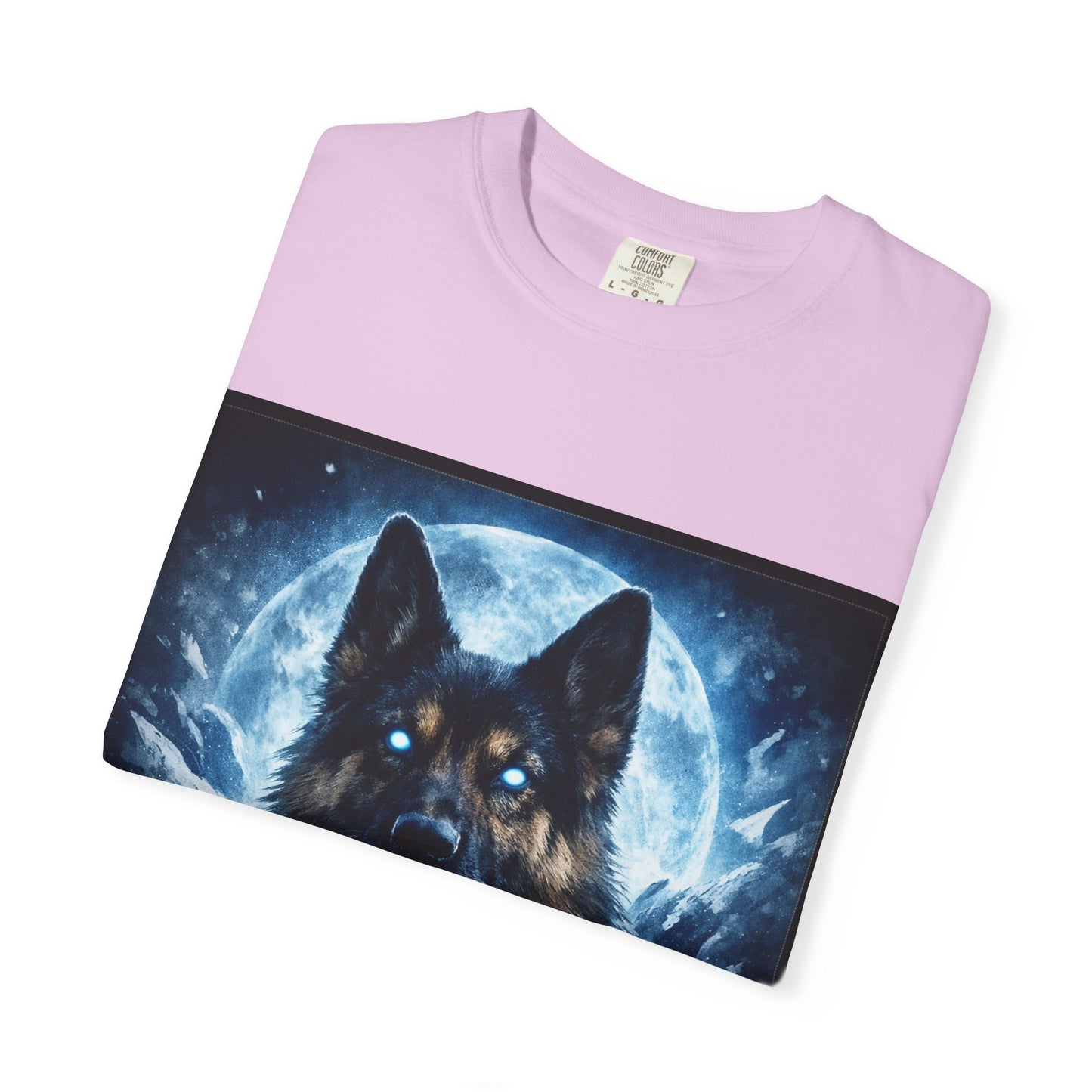 Mystic German Shepherd Moon T-shirt | Glowing Blue German Shepherd Portrait
