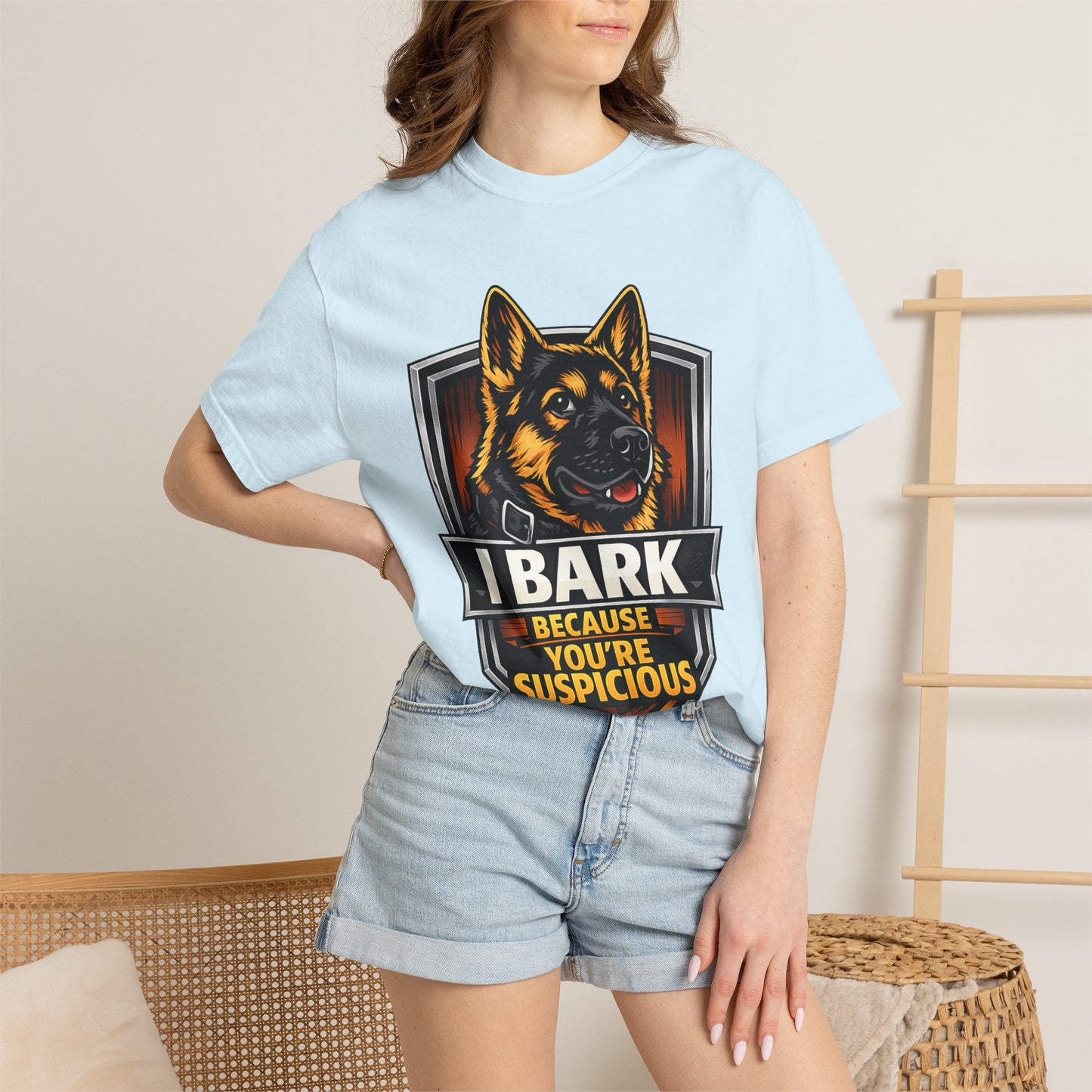 Dog Lover T‑Shirt — “I Bark Because You’re Suspicious” German Shepherd Tee