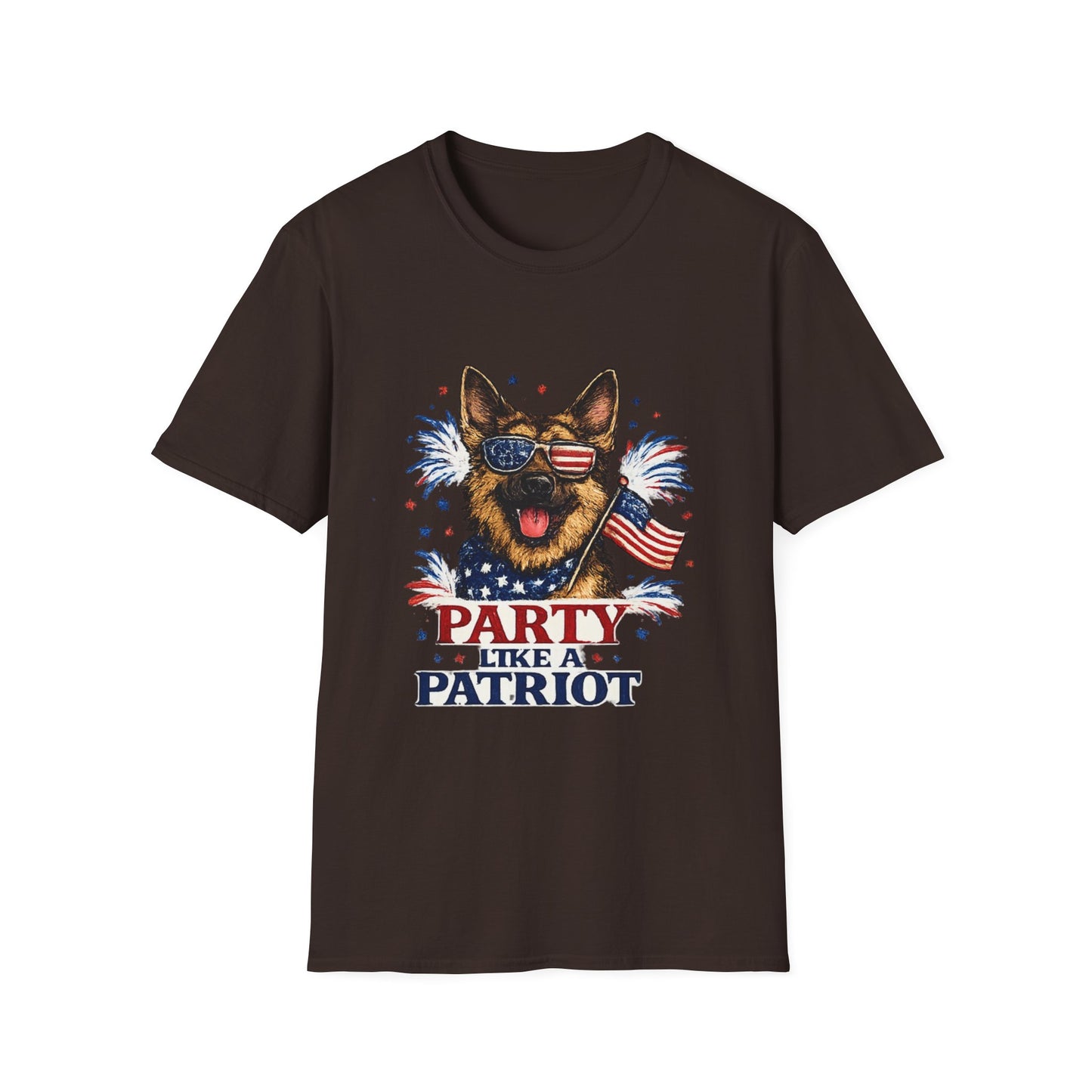 Patriotic German Shepherd Graphic T-Shirt | American Flag Sunglasses, Fireworks