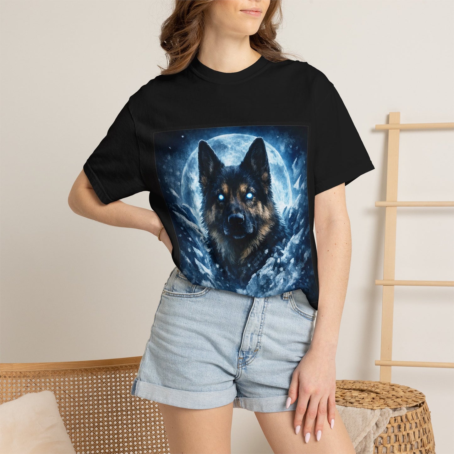 Mystic German Shepherd Moon T-shirt | Glowing Blue German Shepherd Portrait