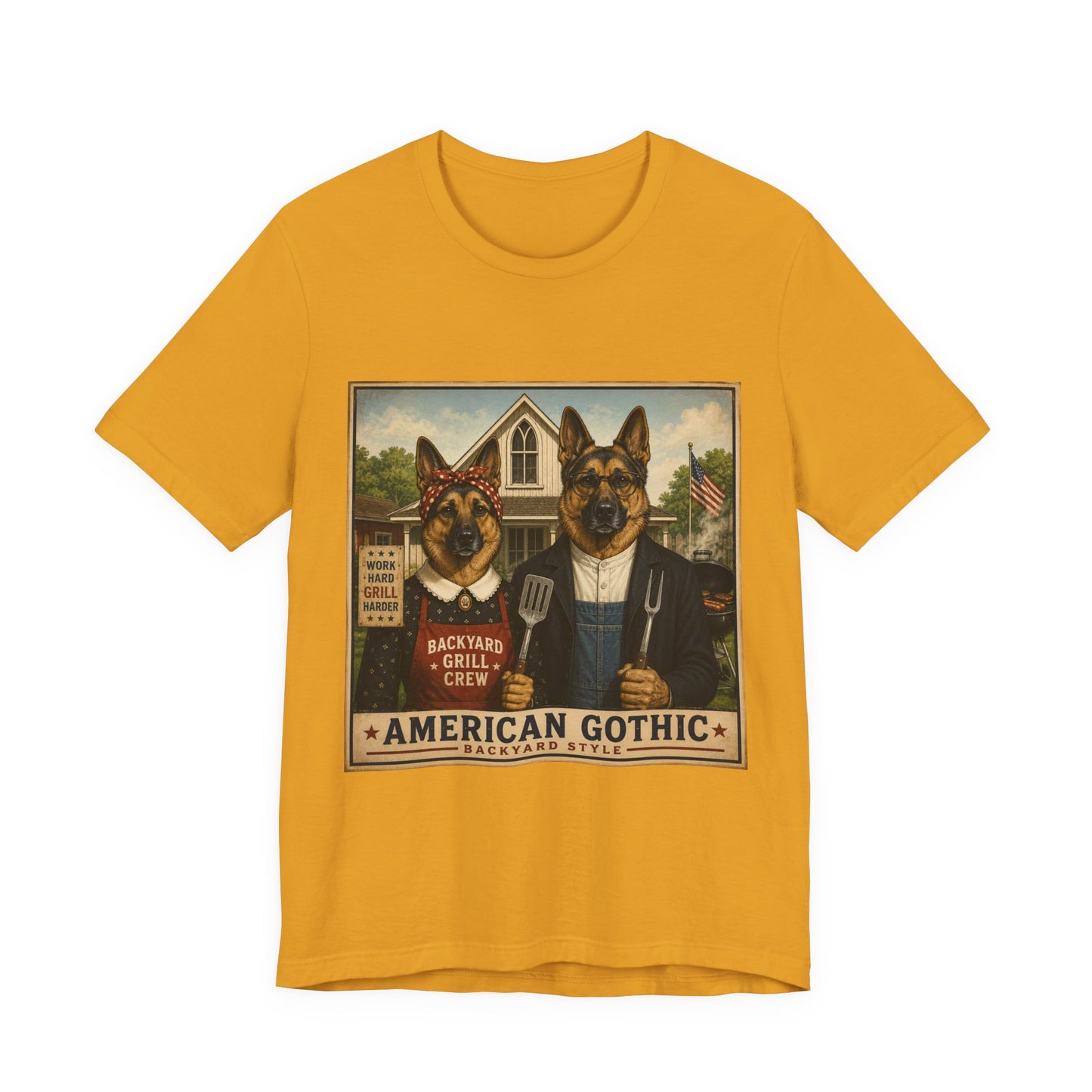 American Gothic – Backyard Style | German Shepherd BBQ T-Shirt