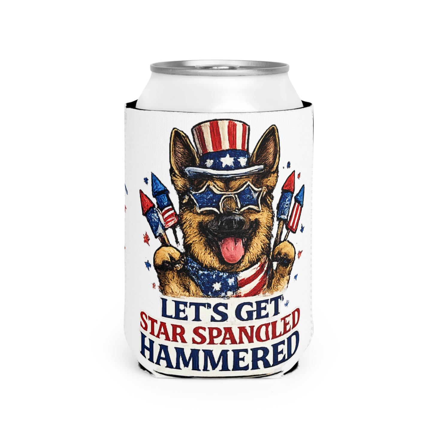 Patriotic German Shepherd Lets Get Star Spangled Hammered Can Cooler Sleeve | 4th of July