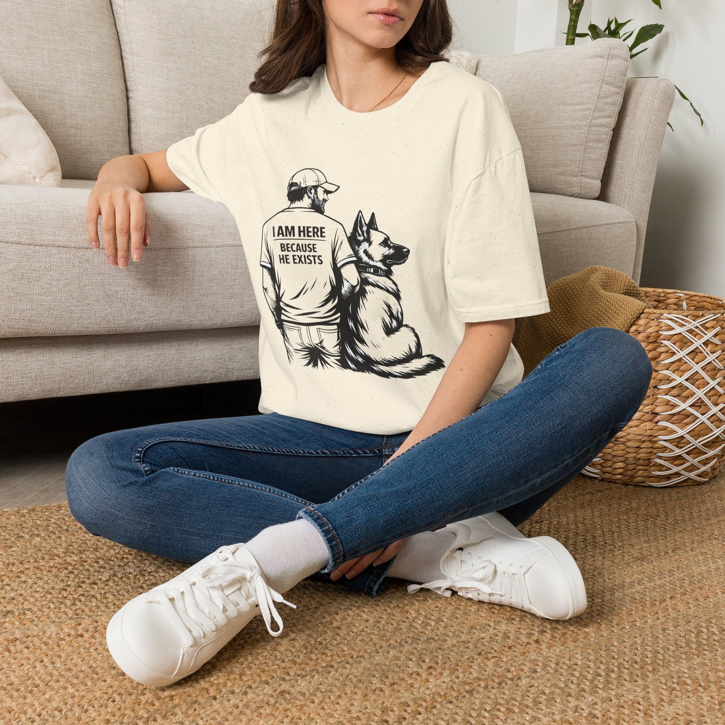 Dog Dad T‑Shirt — "I Am Here Because He Exists" Graphic Tee for German Shepherd Lovers