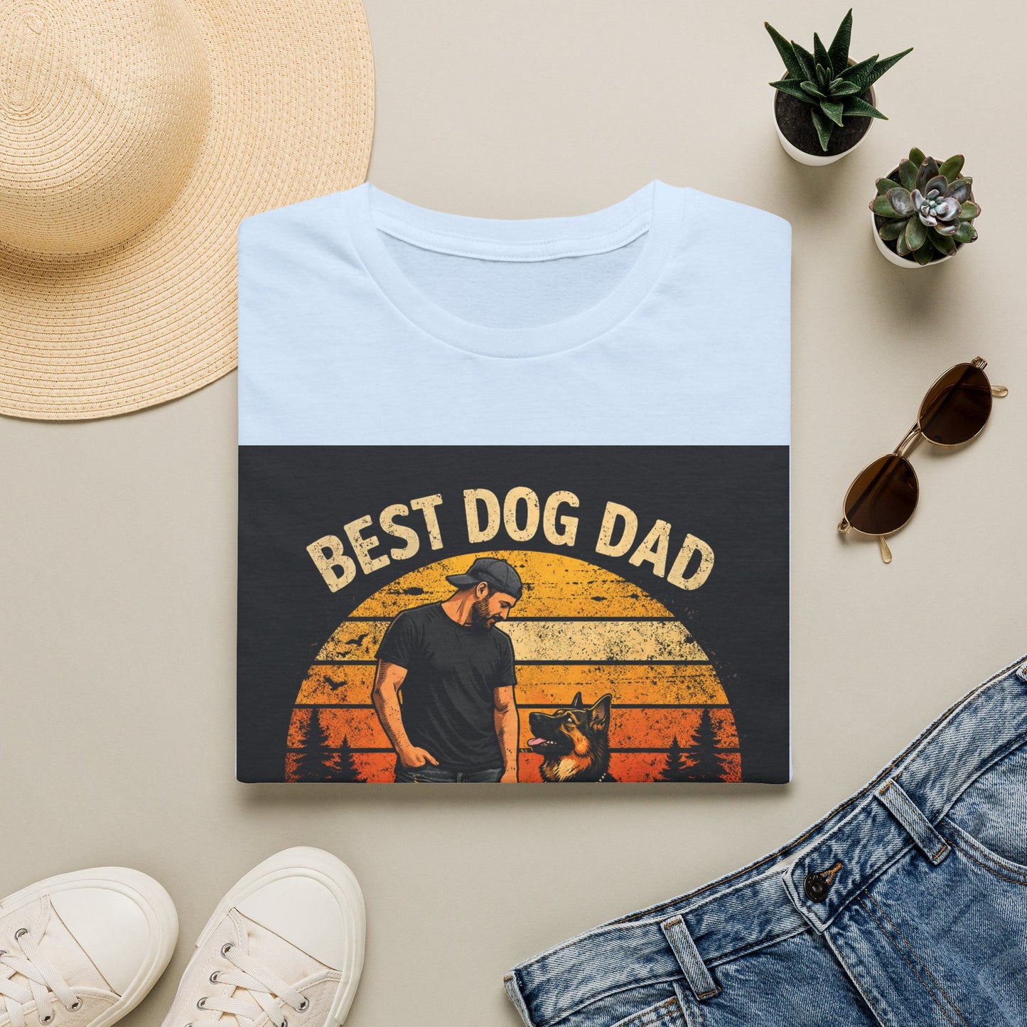 Best Dog Dad T-Shirt | Retro Sunset Dog Dad By My Side Design