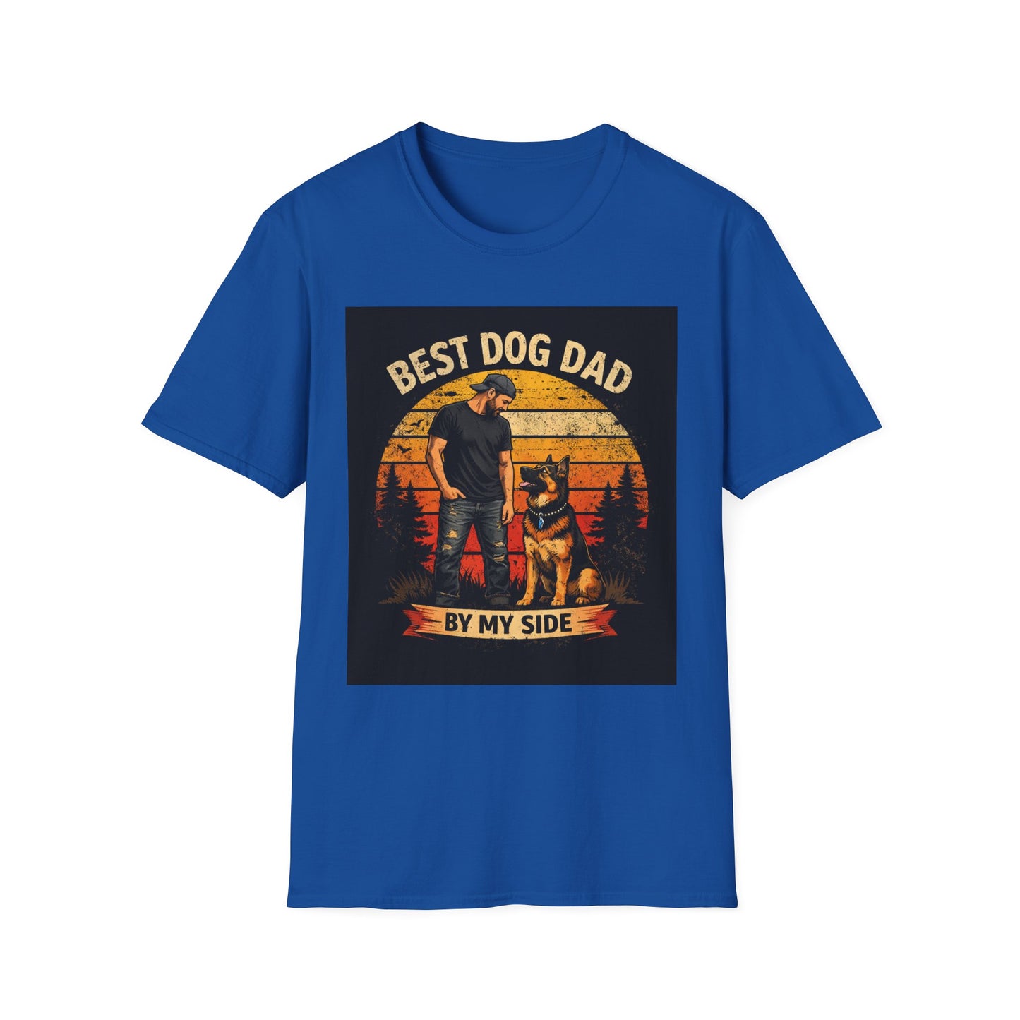 Best Dog Dad T-Shirt | Retro Sunset Dog Dad By My Side Design