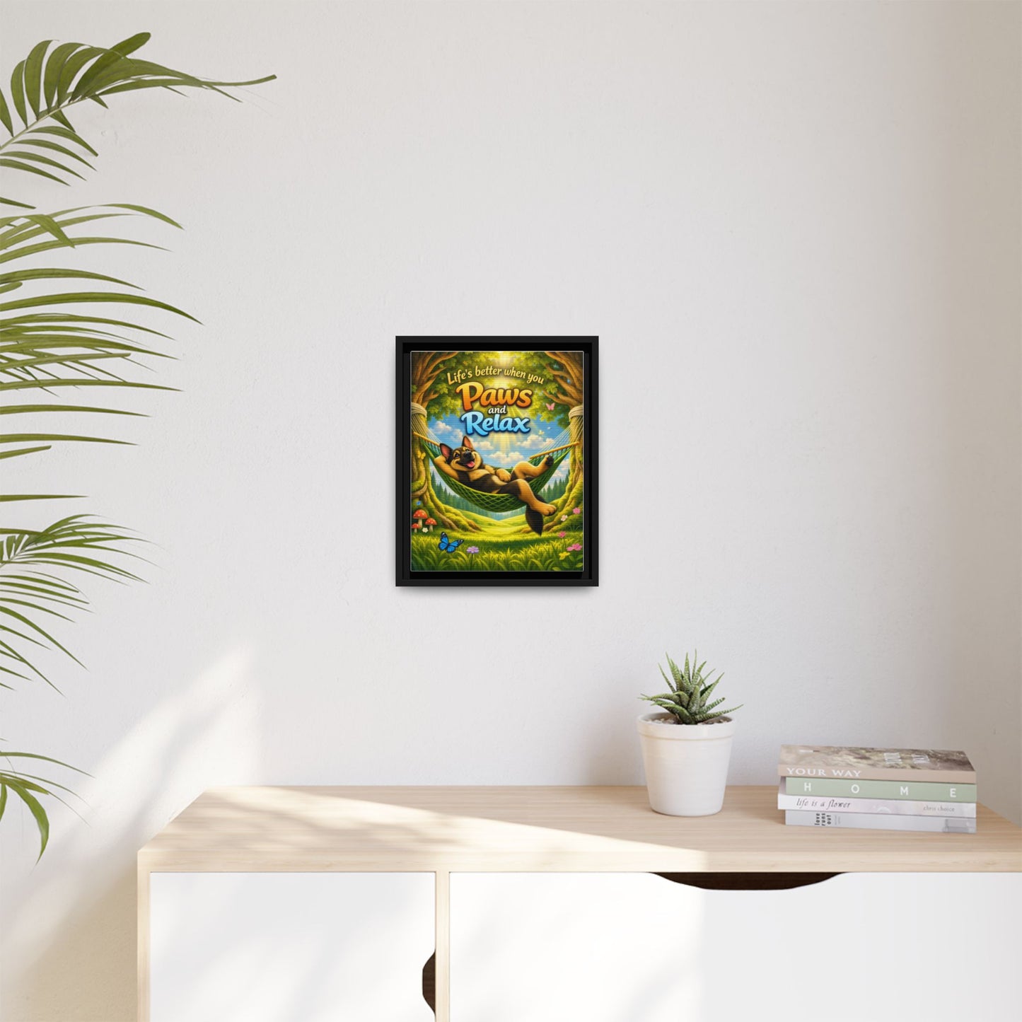 German Shepherd Wall Art – "Life's Better When You Paws and Relax" Framed Canvas Print
