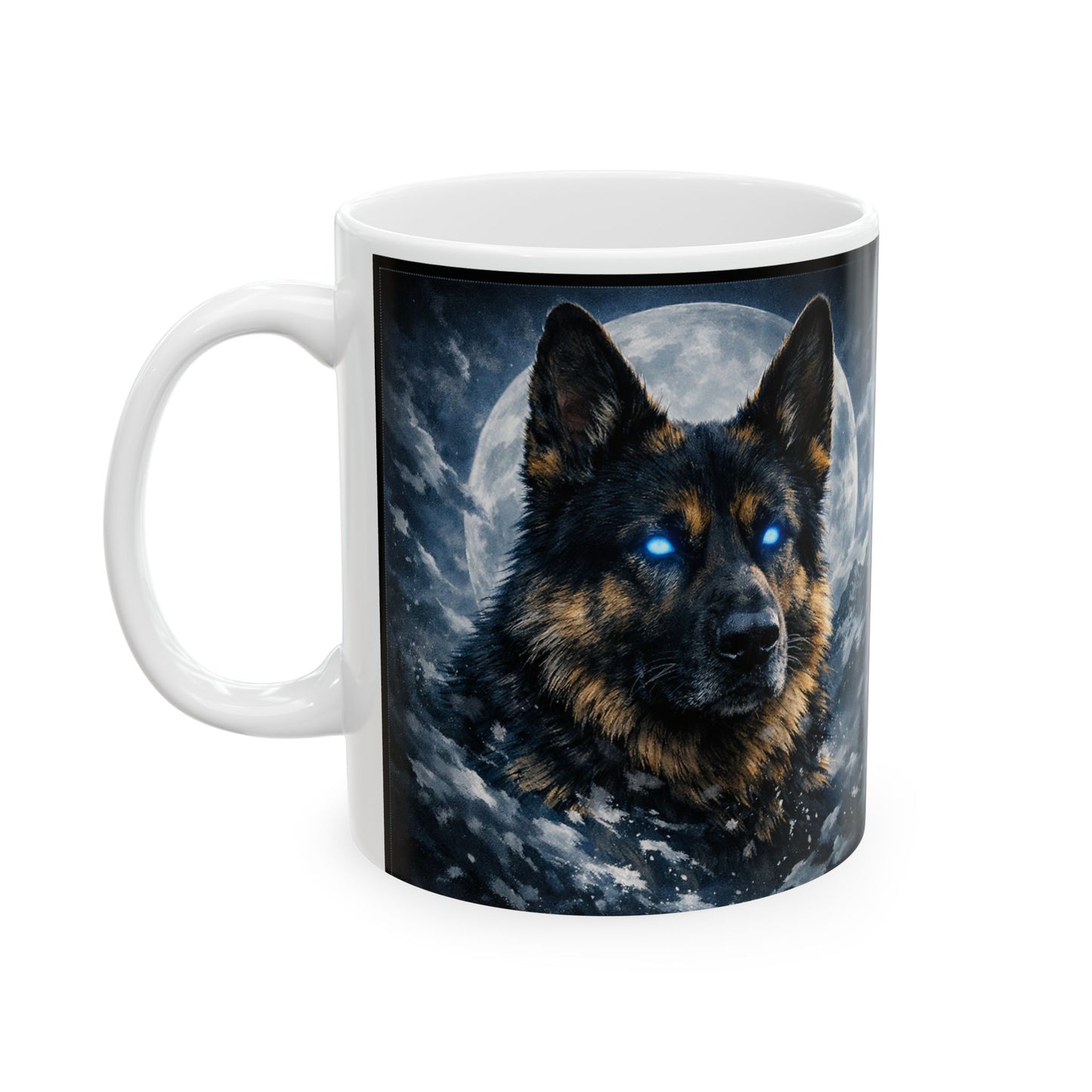 German Shepherd with Blue Eyes Mug | Full Moon Night Ceramic Mug (11oz, 15oz)
