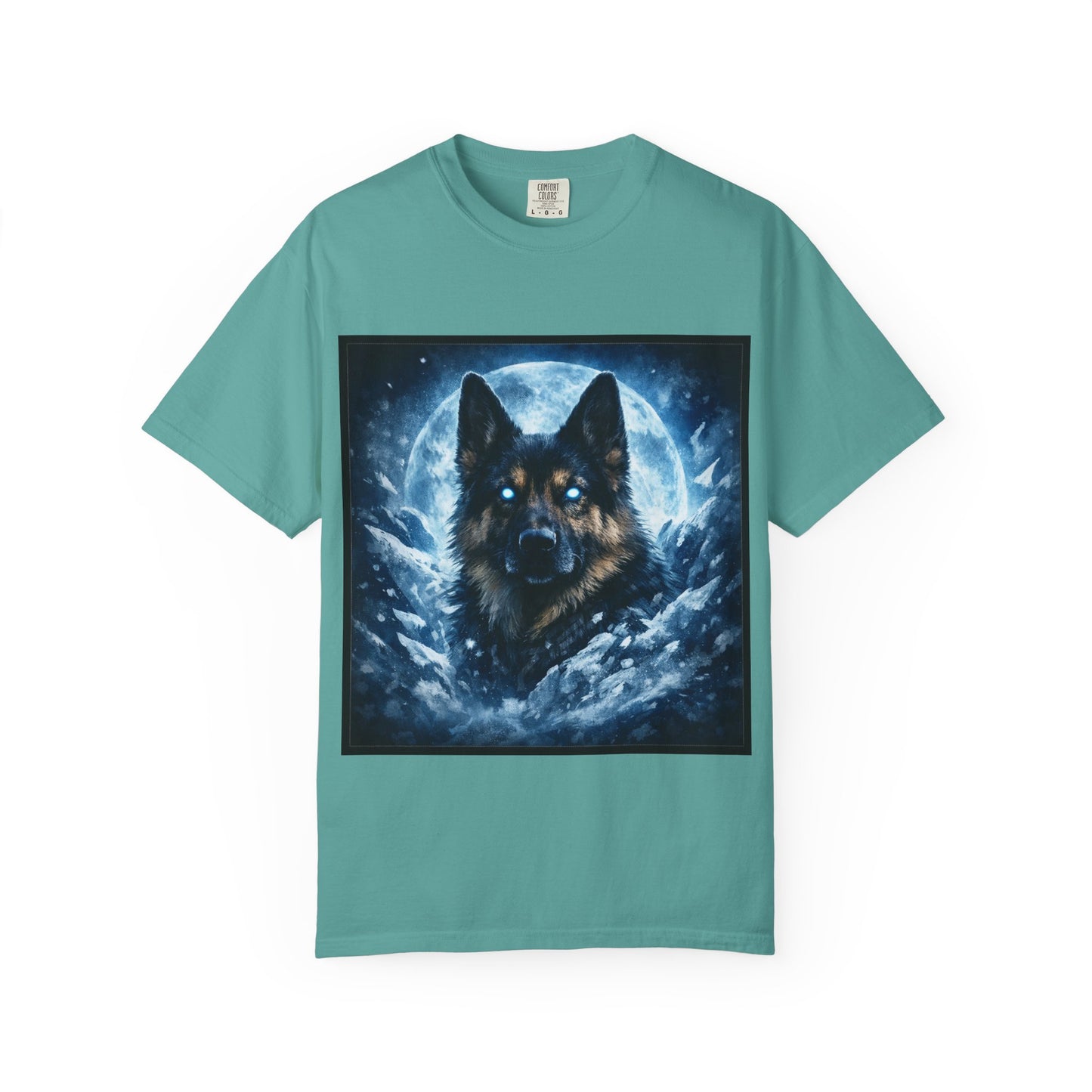 Mystic German Shepherd Moon T-shirt | Glowing Blue German Shepherd Portrait