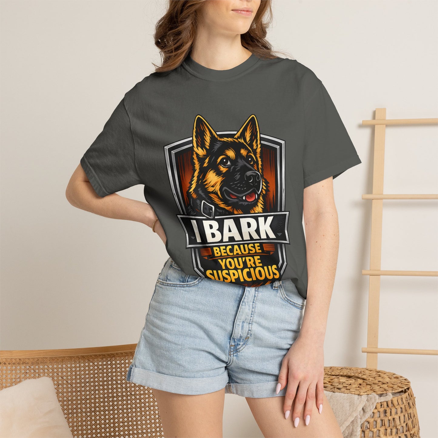 Dog Lover T‑Shirt — “I Bark Because You’re Suspicious” German Shepherd Tee