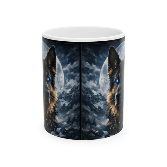 German Shepherd with Blue Eyes Mug | Full Moon Night Ceramic Mug (11oz, 15oz)