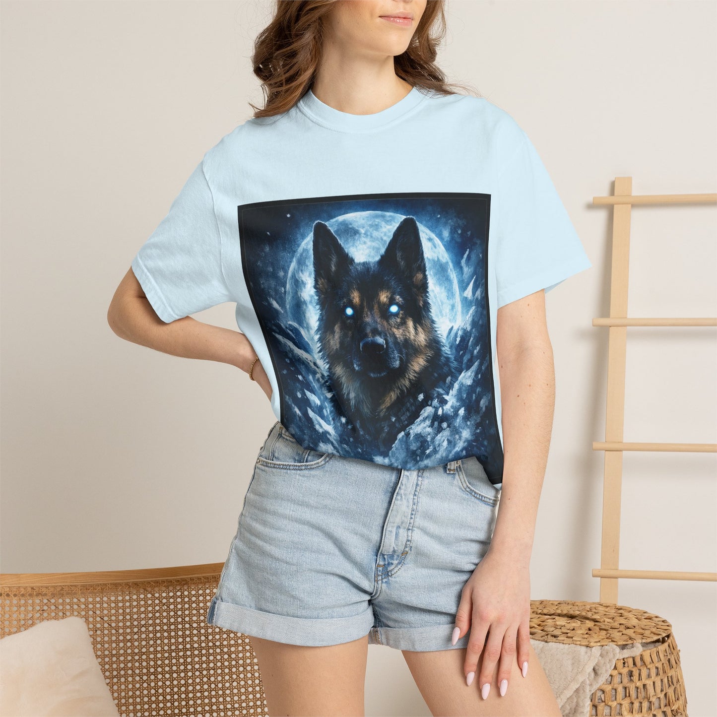Mystic German Shepherd Moon T-shirt | Glowing Blue German Shepherd Portrait