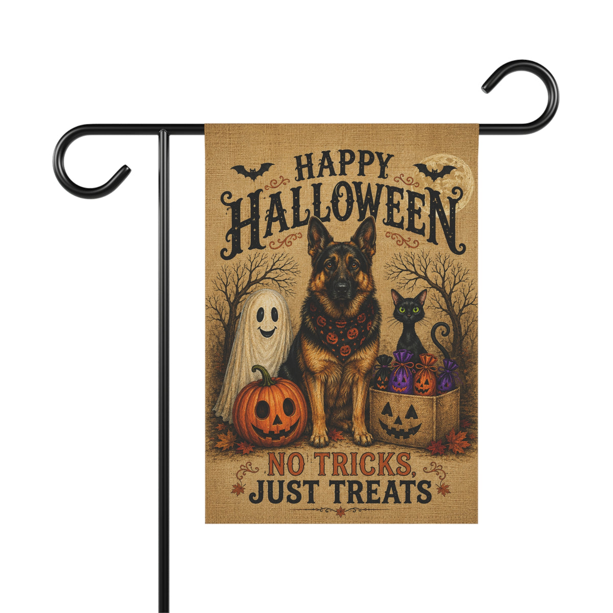 German Shepherd Halloween Garden Flag – No Tricks, Just Treats