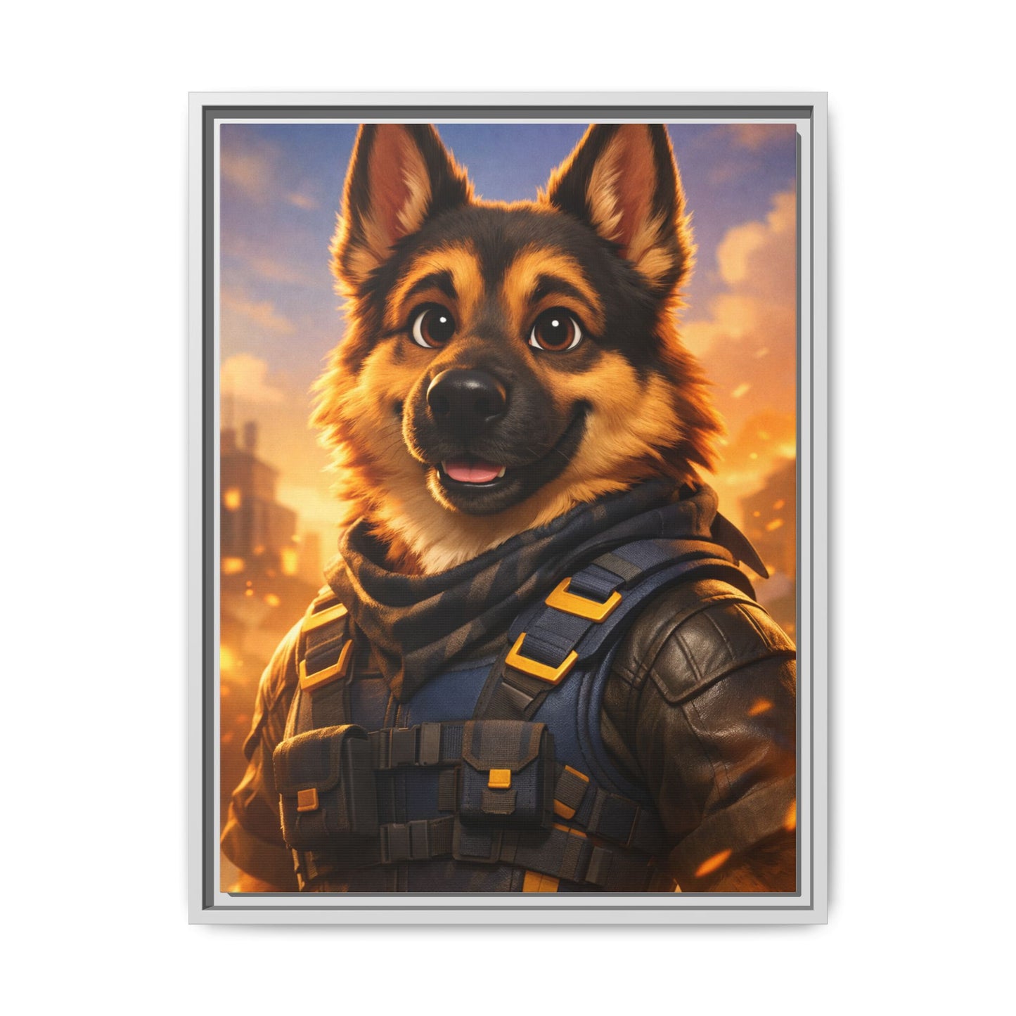 German Shepherd Hero Art – Tactical Dog Character Wall Canvas | Cinematic GSD Decor | Framed Matte Canvas