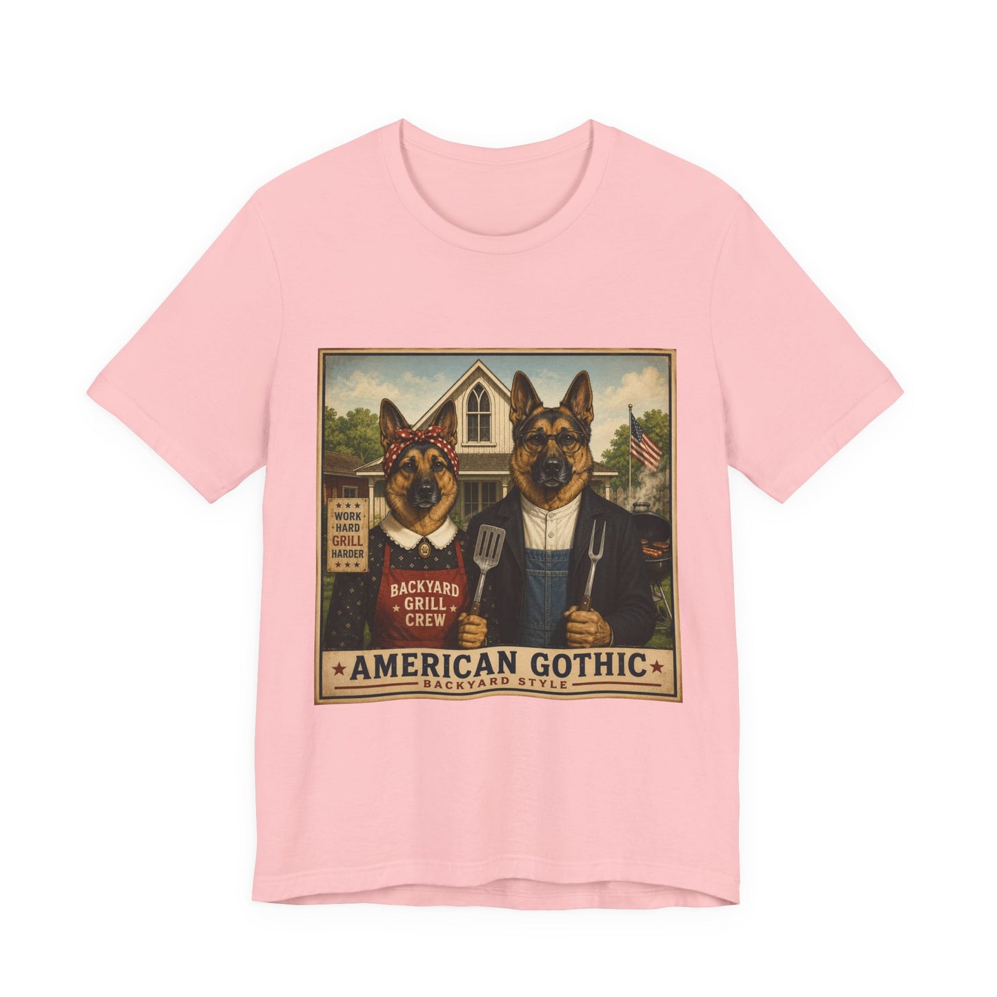 American Gothic – Backyard Style | German Shepherd BBQ T-Shirt