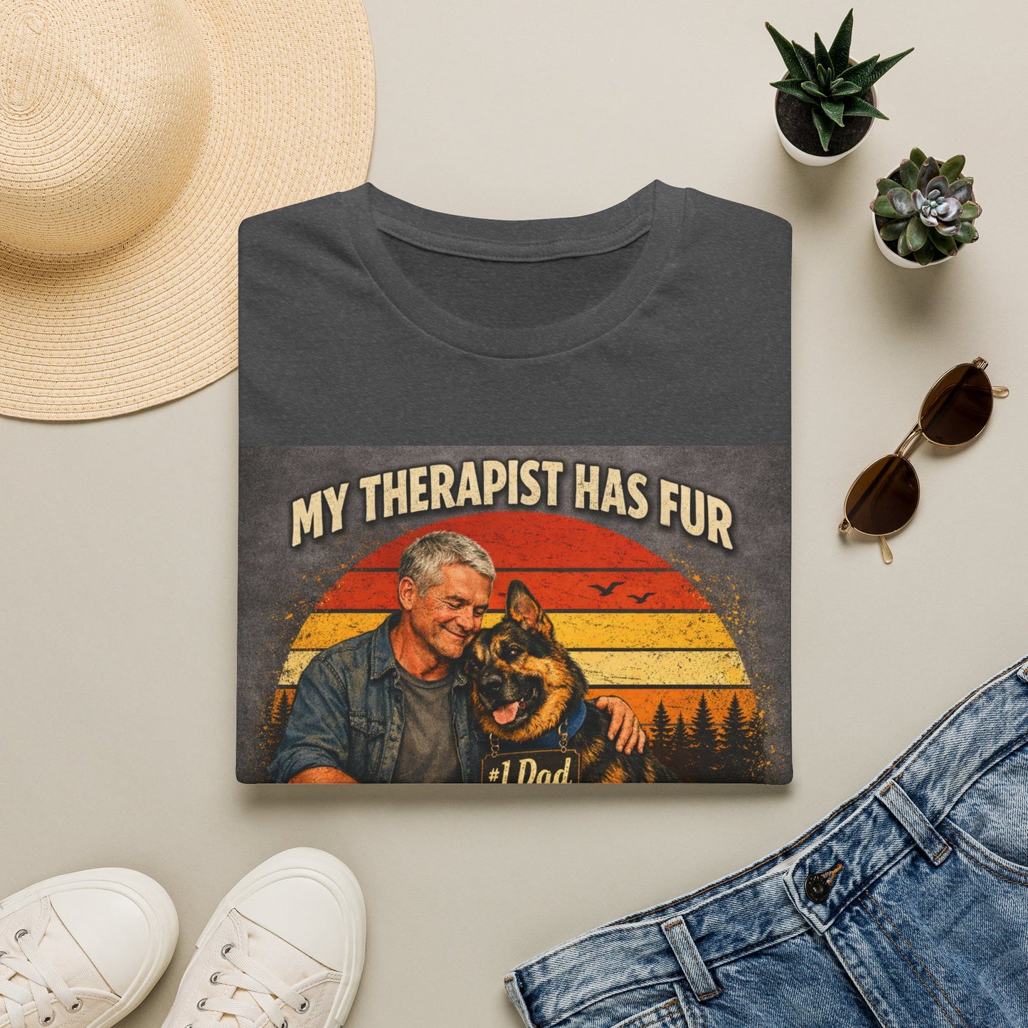 My Therapist Has Fur T-Shirt | Dog Dad Retro Sunset Design