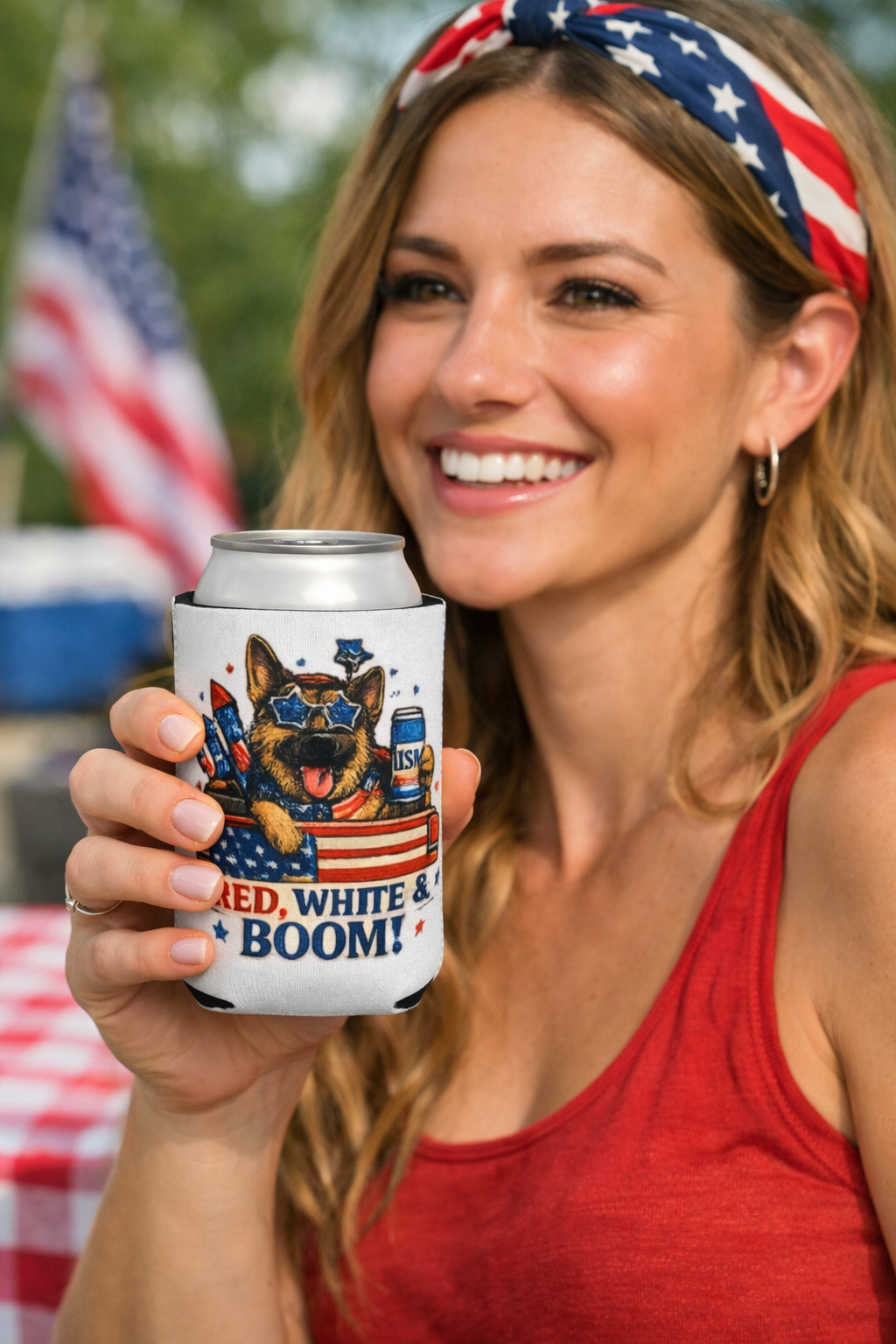 Red White & Boom German Shepherd Can Cooler – 4th of July Patriotic Dog Lover Koozie | American Flag Fireworks Drink Sleeve