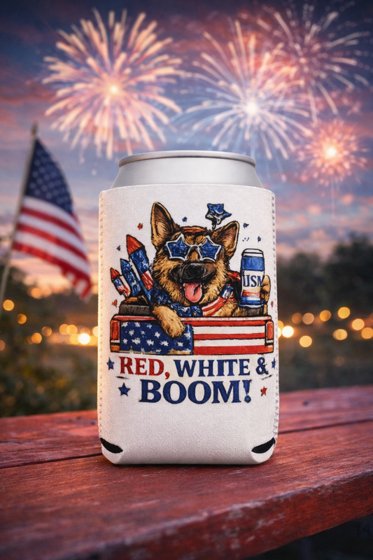 Red White & Boom German Shepherd Can Cooler – 4th of July Patriotic Dog Lover Koozie | American Flag Fireworks Drink Sleeve