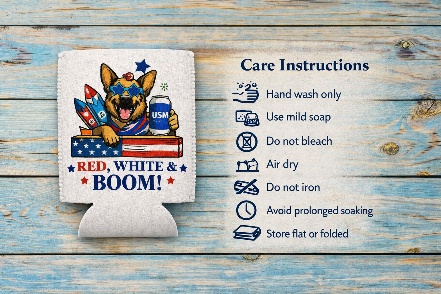 Red White & Boom German Shepherd Can Cooler – 4th of July Patriotic Dog Lover Koozie | American Flag Fireworks Drink Sleeve