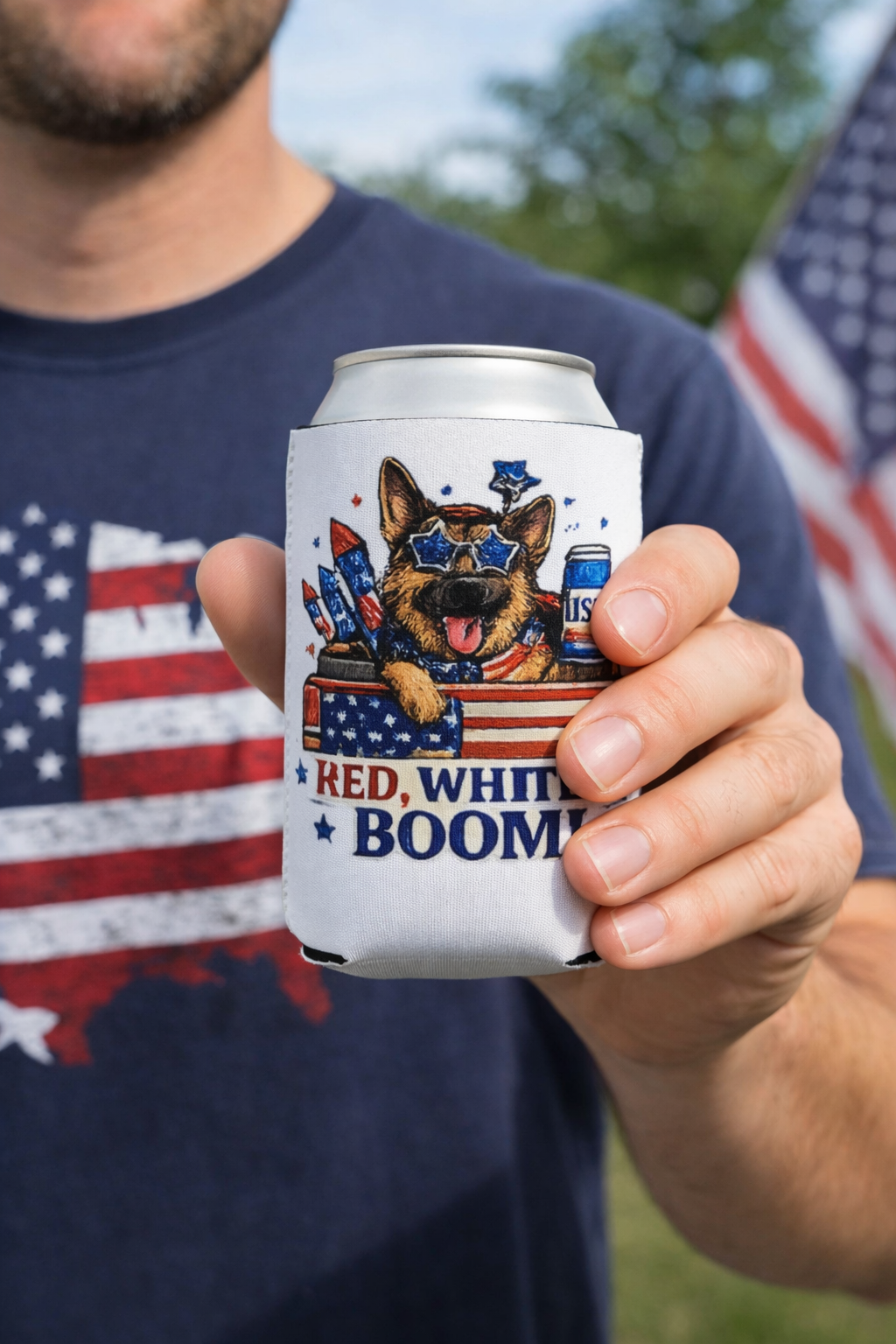 Red White & Boom German Shepherd Can Cooler – 4th of July Patriotic Dog Lover Koozie | American Flag Fireworks Drink Sleeve