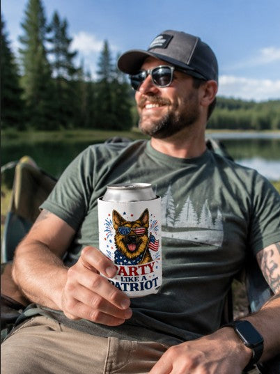 Patriotic German Shepherd “Party Like a Patriot” Can Cooler – 4th of July Dog Lover Koozie | American Flag Party Drink Sleeve