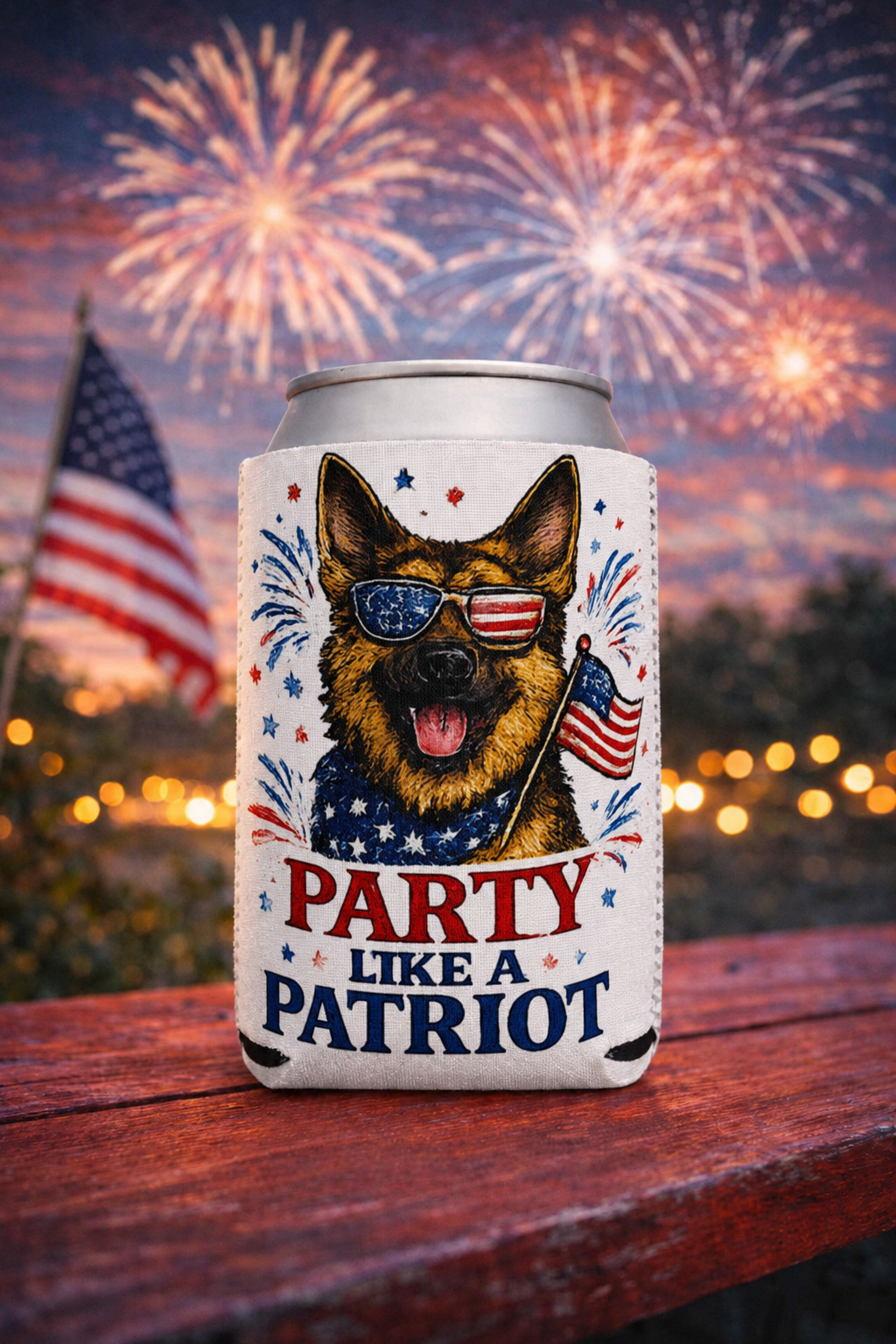 Patriotic German Shepherd “Party Like a Patriot” Can Cooler – 4th of July Dog Lover Koozie | American Flag Party Drink Sleeve