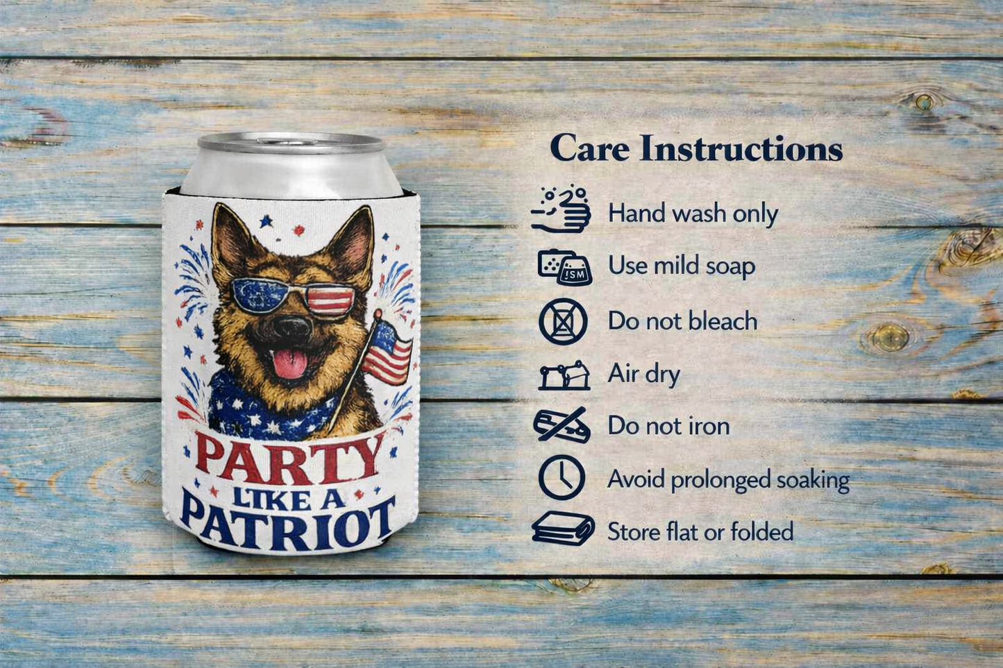 Patriotic German Shepherd “Party Like a Patriot” Can Cooler – 4th of July Dog Lover Koozie | American Flag Party Drink Sleeve