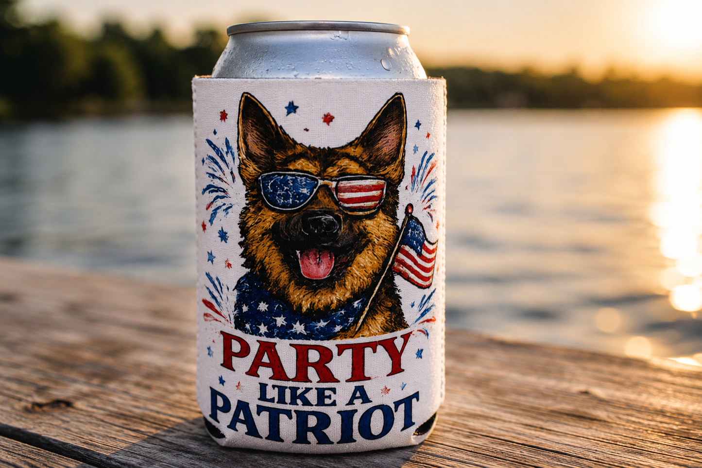 Patriotic German Shepherd “Party Like a Patriot” Can Cooler – 4th of July Dog Lover Koozie | American Flag Party Drink Sleeve