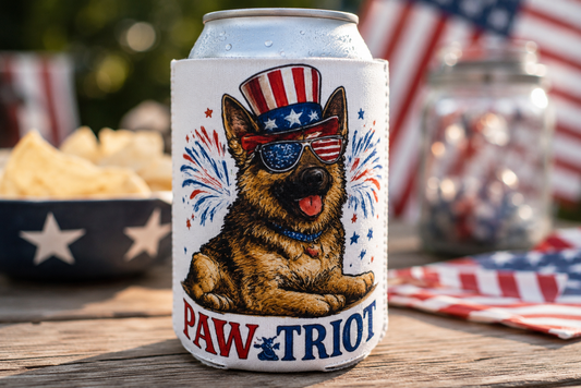 Paw‑triot German Shepherd Can Cooler Sleeve – Patriotic Dog Lover Koozie | Fourth of July American Flag Drink Holder