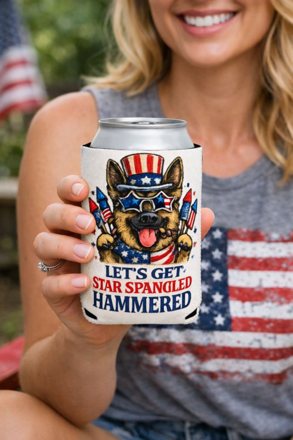 Patriotic German Shepherd “Let’s Get Star Spangled Hammered” Can Cooler Sleeve – 4th of July Dog Lover Koozie | American Flag Party Drink Holder