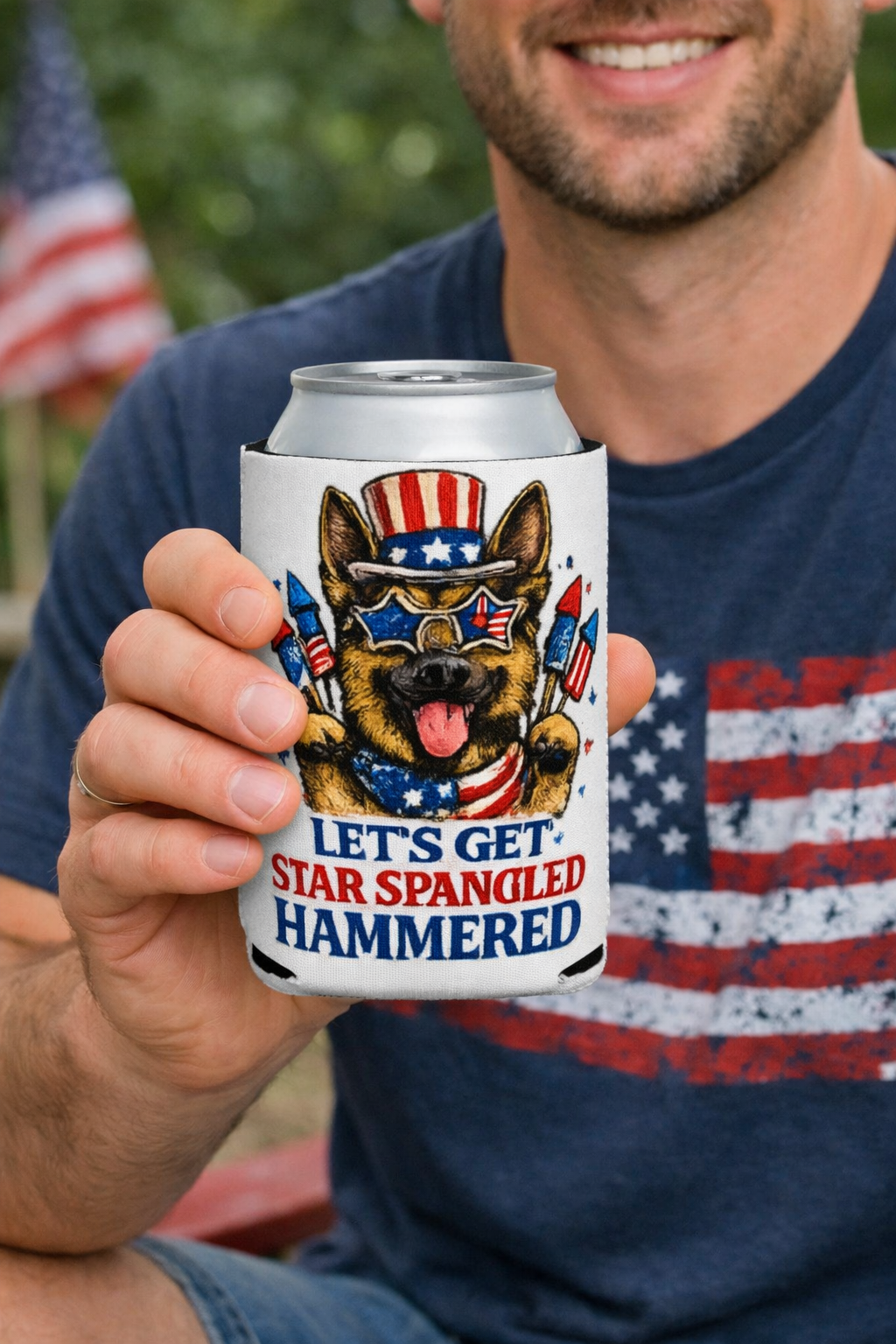 Patriotic German Shepherd “Let’s Get Star Spangled Hammered” Can Cooler Sleeve – 4th of July Dog Lover Koozie | American Flag Party Drink Holder