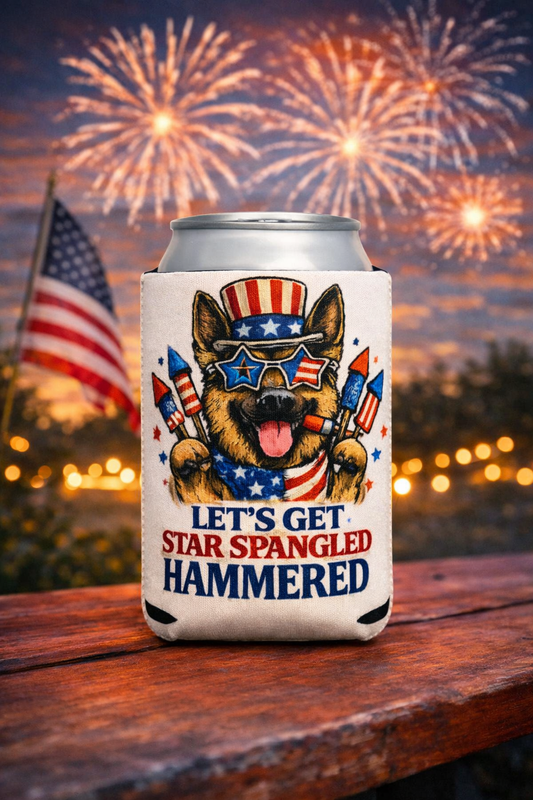 Patriotic German Shepherd “Let’s Get Star Spangled Hammered” Can Cooler Sleeve – 4th of July Dog Lover Koozie | American Flag Party Drink Holder