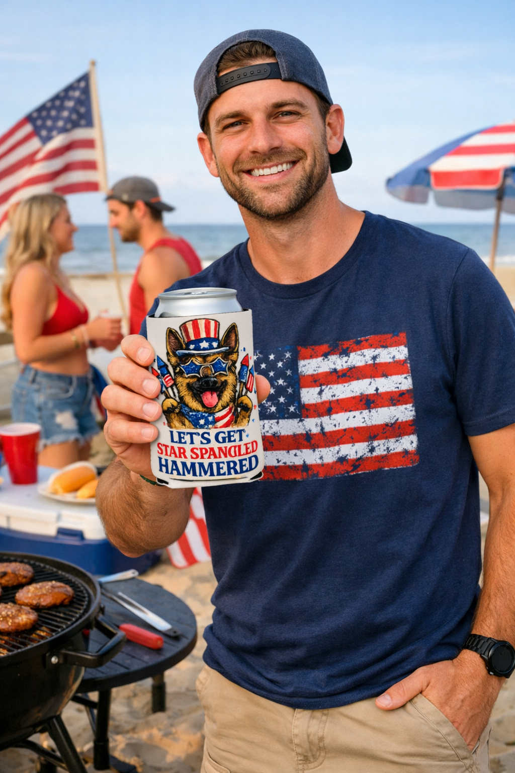 Patriotic German Shepherd “Let’s Get Star Spangled Hammered” Can Cooler Sleeve – 4th of July Dog Lover Koozie | American Flag Party Drink Holder