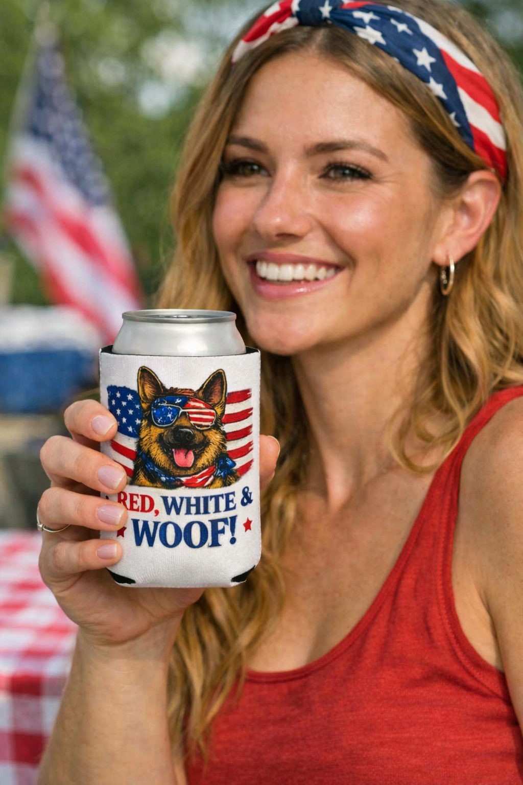 Red, White & Woof! German Shepherd Can Cooler Sleeve – Patriotic Dog Lover Beer Koozie | American Flag Fourth of July Drink Holder