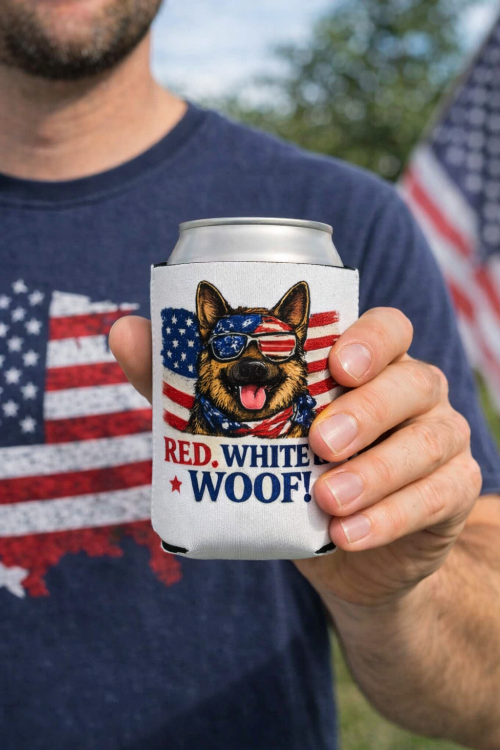 Red, White & Woof! German Shepherd Can Cooler Sleeve – Patriotic Dog Lover Beer Koozie | American Flag Fourth of July Drink Holder