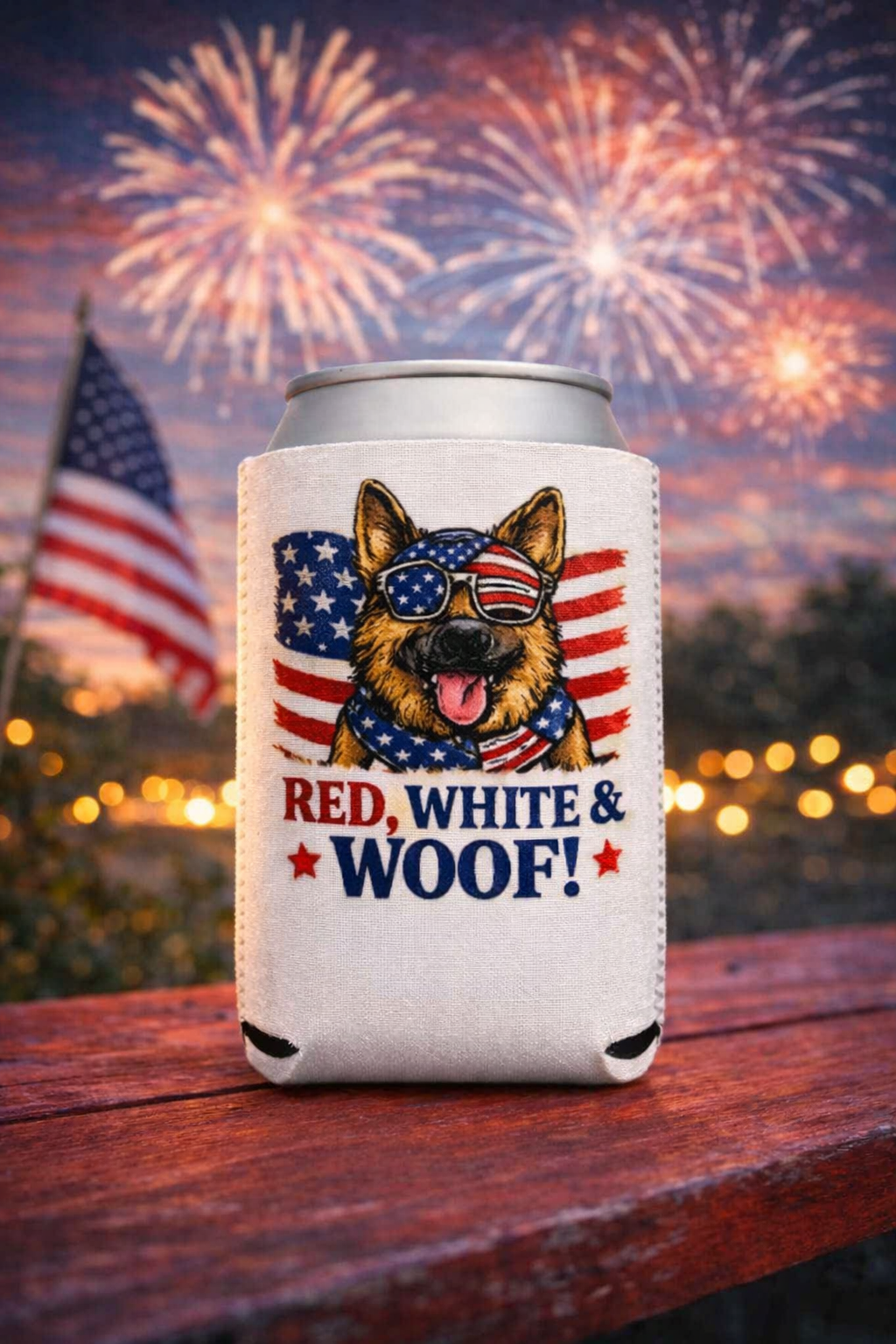 Red, White & Woof! German Shepherd Can Cooler Sleeve – Patriotic Dog Lover Beer Koozie | American Flag Fourth of July Drink Holder